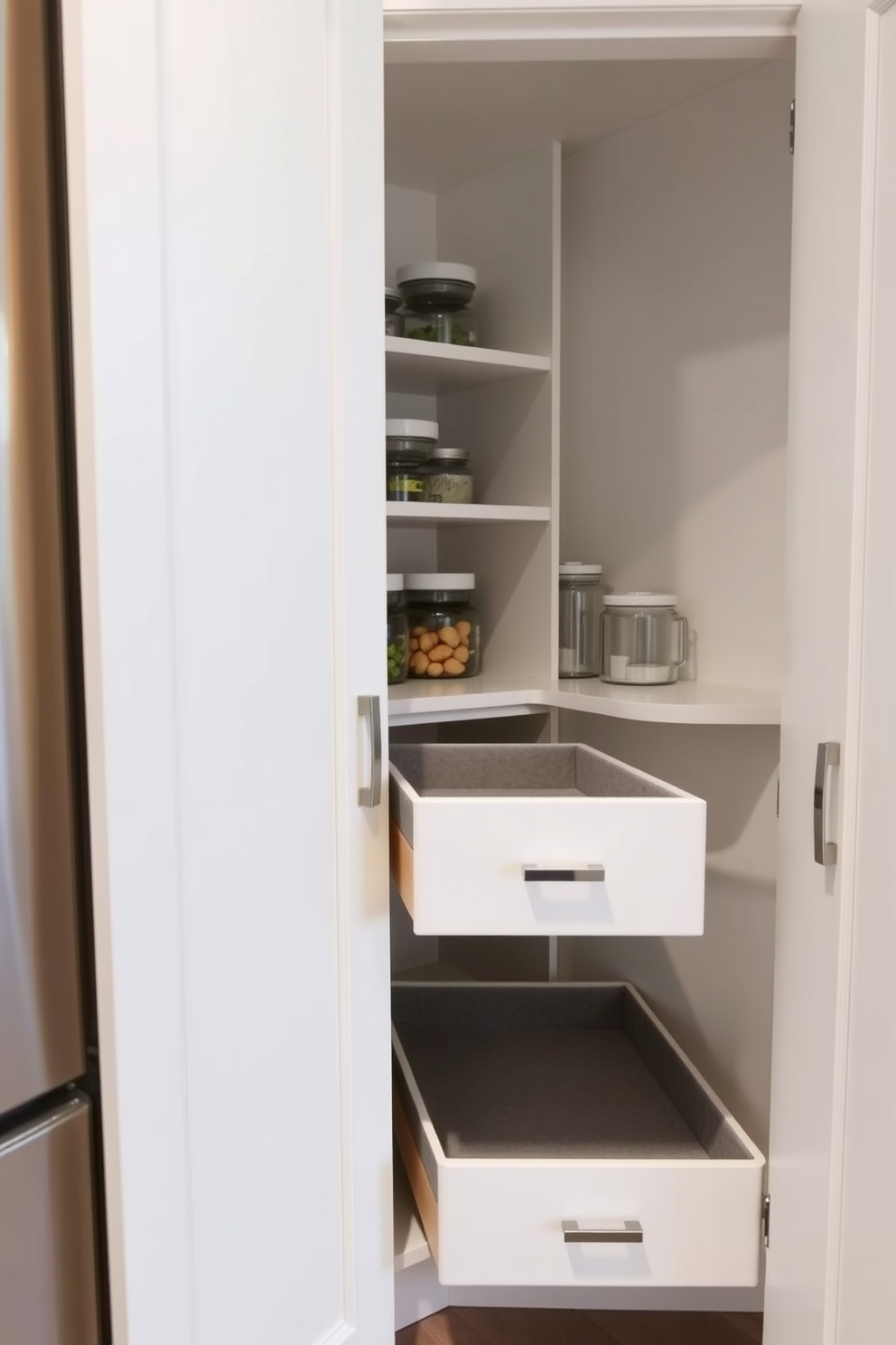 A modern kitchen pantry featuring pull-out drawers for organized storage. The cabinetry is a sleek white finish with brushed nickel handles, and the drawers are lined with a soft gray felt for added elegance.