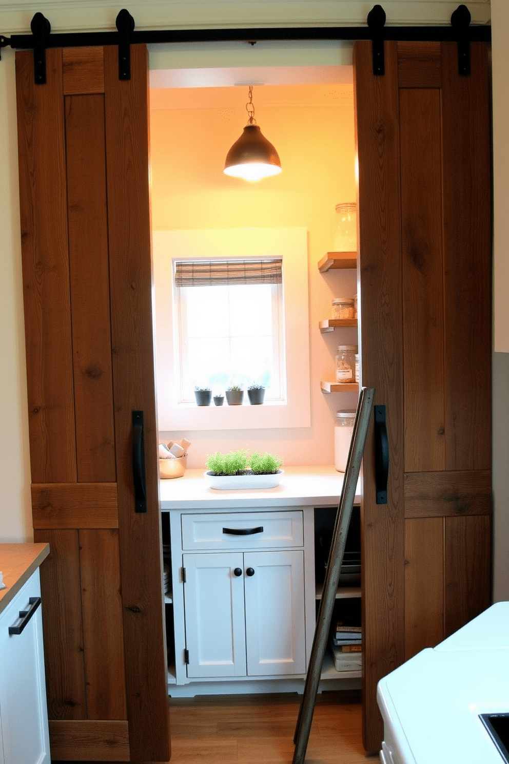 A cozy kitchen pantry featuring sliding barn doors made of reclaimed wood. The interior is organized with open shelving, showcasing glass jars filled with dry goods and a small herb garden on the windowsill. Warm, natural lighting filters in through a small window, highlighting the rustic charm of the space. A vintage ladder leans against one wall, providing access to higher shelves while adding character to the design.