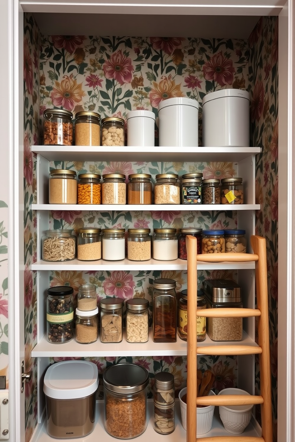 A kitchen pantry featuring decorative wallpaper with a bold floral pattern that adds a unique flair to the space. The shelves are filled with organized jars and containers, complemented by a small wooden ladder for easy access to the top shelves.