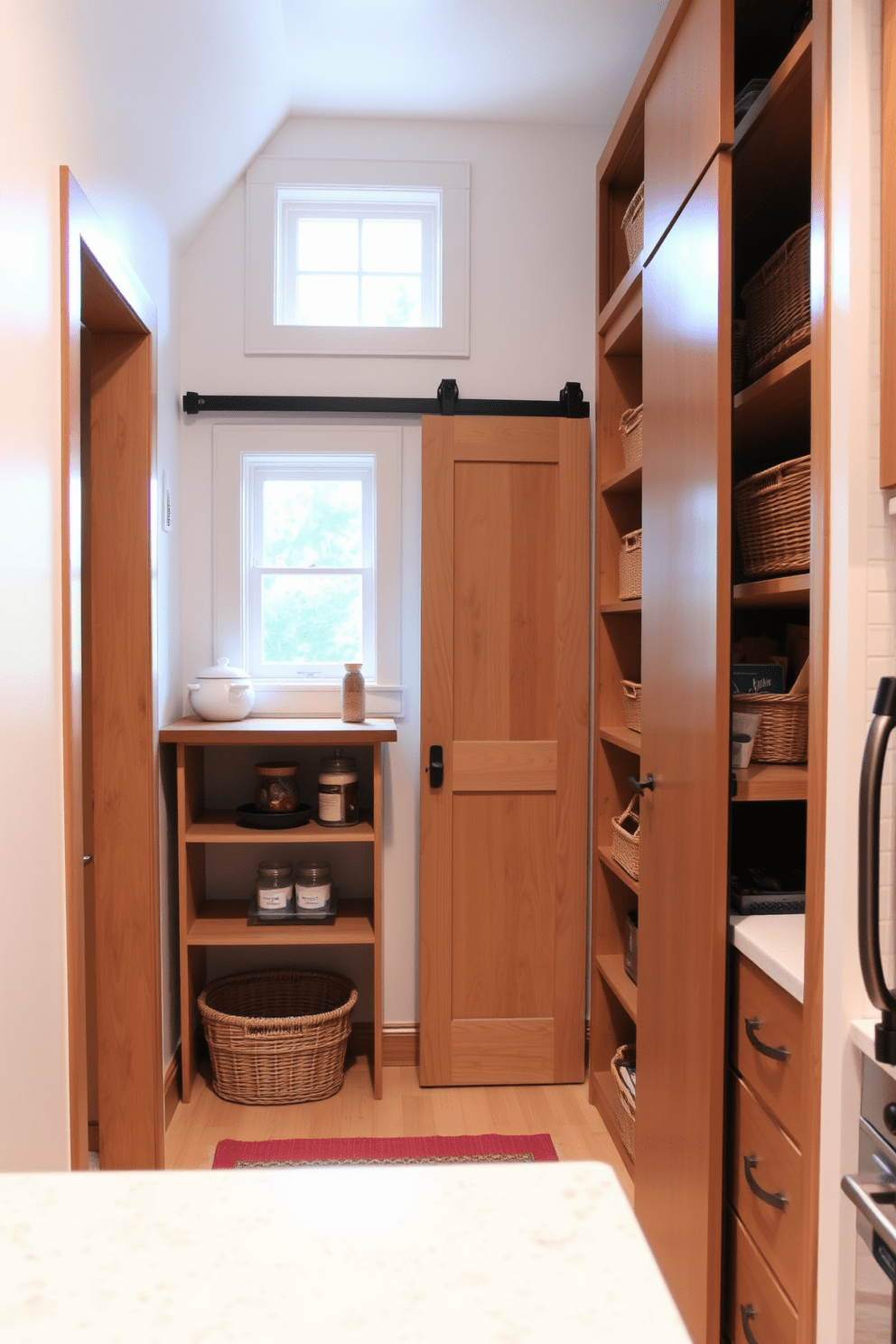 A cozy under-stair pantry with wooden shelves neatly arranged for optimal storage. The walls are painted a soft white, and a small window allows natural light to brighten the space. Baskets and jars are used for organizing dry goods, while a sliding door provides easy access. A small countertop area is included for meal prep, enhancing the functionality of the kitchen.