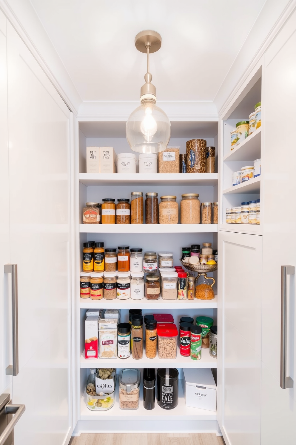 A modern kitchen pantry featuring pull-out shelves for easy access. The shelves are organized with labeled containers and jars, showcasing a variety of spices, grains, and snacks. The pantry walls are painted in a soft white tone, creating a bright and airy feel. A stylish pendant light hangs from the ceiling, illuminating the space and enhancing its functionality.