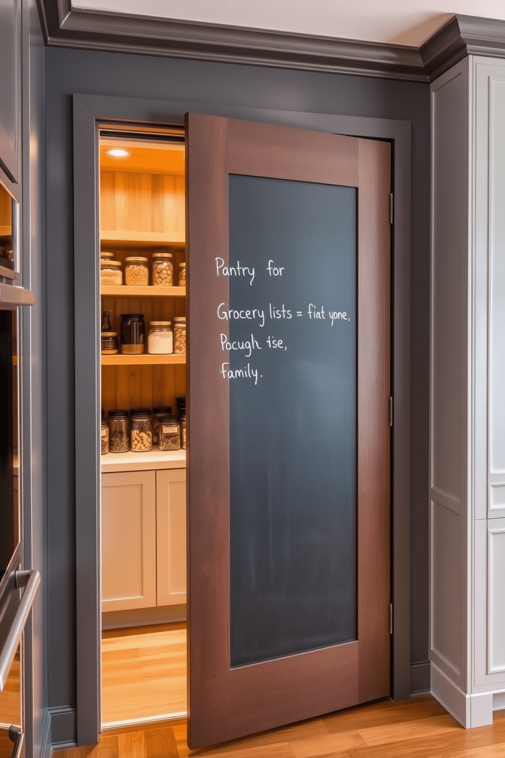 A pantry door with a chalkboard finish creates a playful and functional element in the kitchen. The door serves as a space for grocery lists and family messages while blending seamlessly with modern cabinetry. Inside the pantry, open shelving displays neatly organized jars and containers for easy access. The warm wood tones of the shelves contrast beautifully with the sleek, minimalist style of the kitchen.