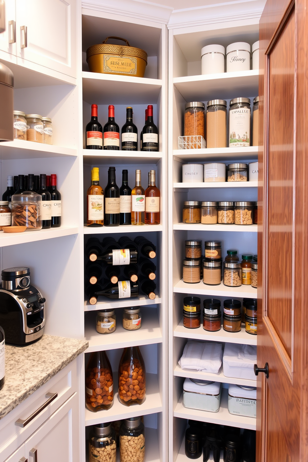 A stylish kitchen pantry featuring a wine rack seamlessly integrated into the shelving design. The wine rack showcases an assortment of bottles, while the shelves are filled with neatly organized jars and containers.