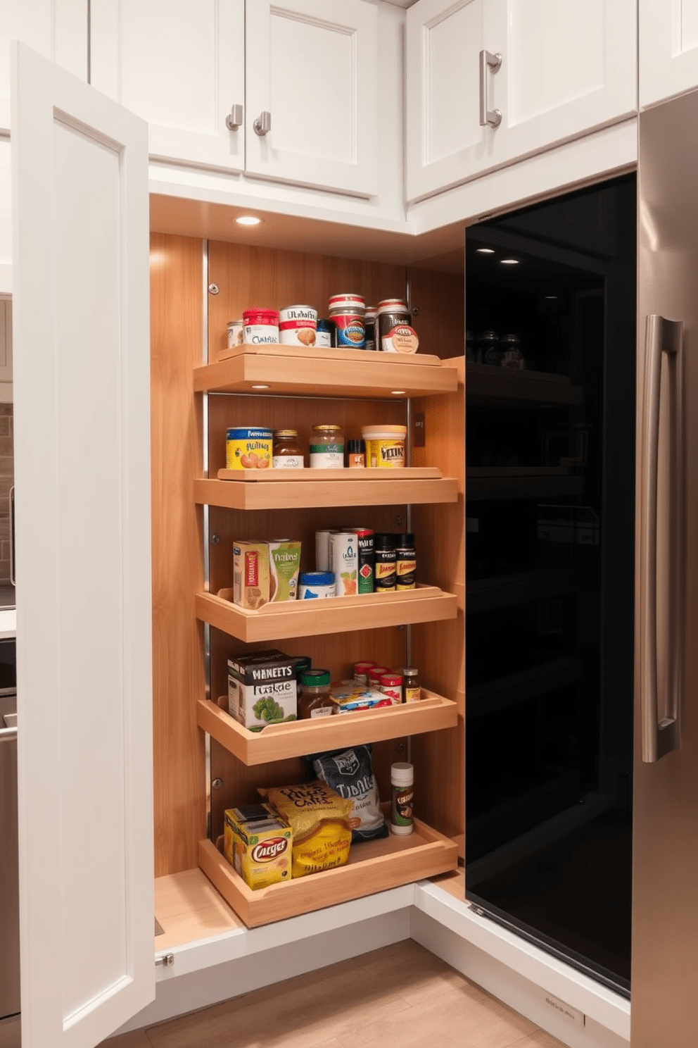 A stylish pull-out pantry with multiple tiers enhances organization and accessibility. The design features sleek wooden shelves that maximize storage space for canned goods, spices, and snacks. The pantry door is a seamless part of the cabinetry, finished in a soft white to match the kitchen. Soft LED lighting illuminates the interior, making it easy to find ingredients at a glance.