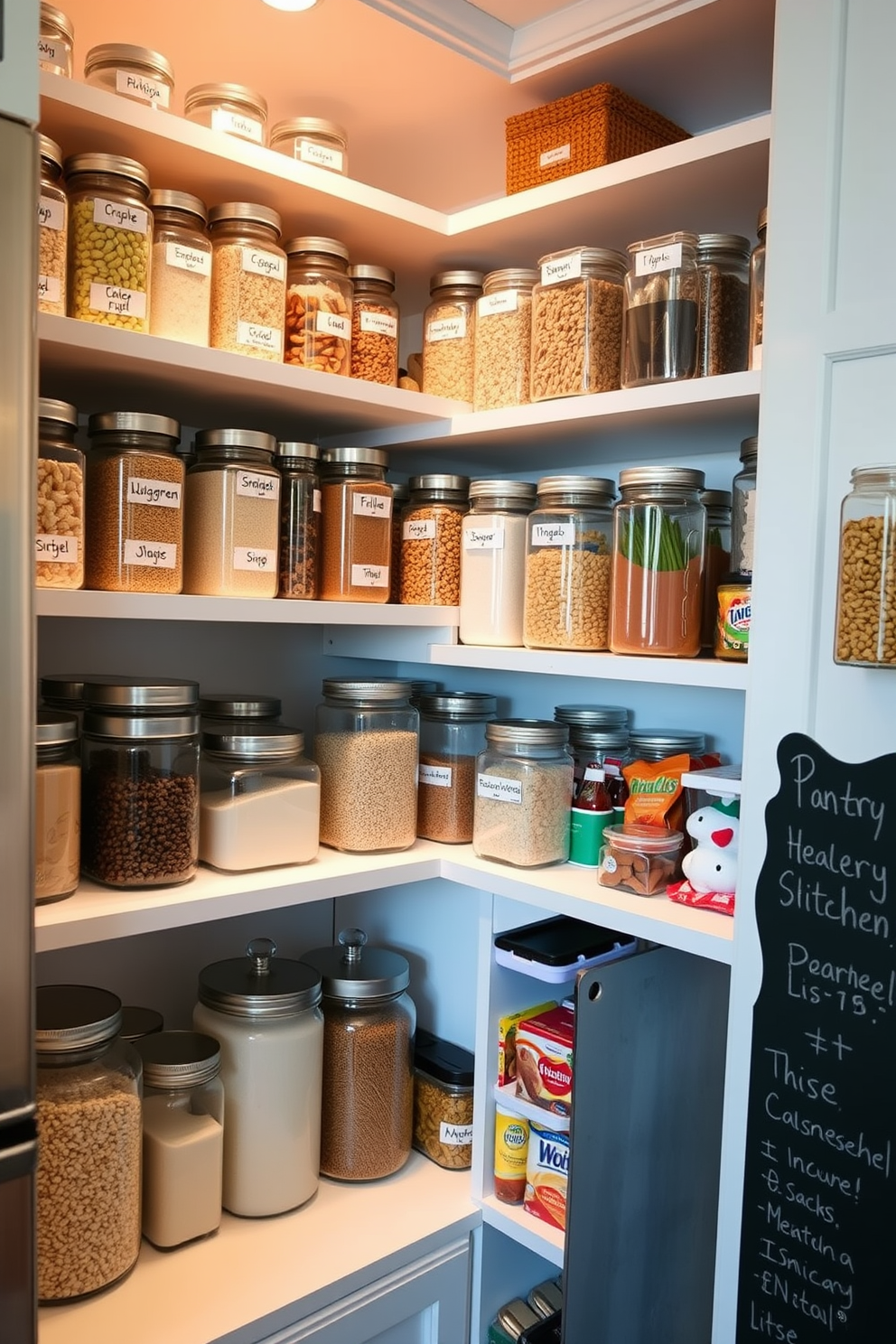 A stylish kitchen pantry featuring labeled containers for organized ingredients. The shelves are lined with clear glass jars filled with various grains, spices, and snacks, all neatly arranged for easy access. The pantry door has a chalkboard surface for writing grocery lists and reminders. Soft lighting illuminates the space, creating a warm and inviting atmosphere.