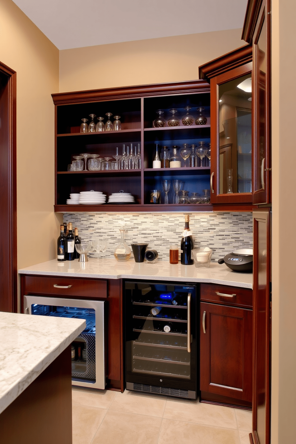 A stylish beverage station within a pantry. The station features a sleek countertop with an under-counter refrigerator and an elegant wine rack. Above the countertop, open shelving displays an array of glassware and decorative jars. The pantry walls are painted in a warm beige, complemented by rich wooden cabinetry and a patterned tile backsplash.