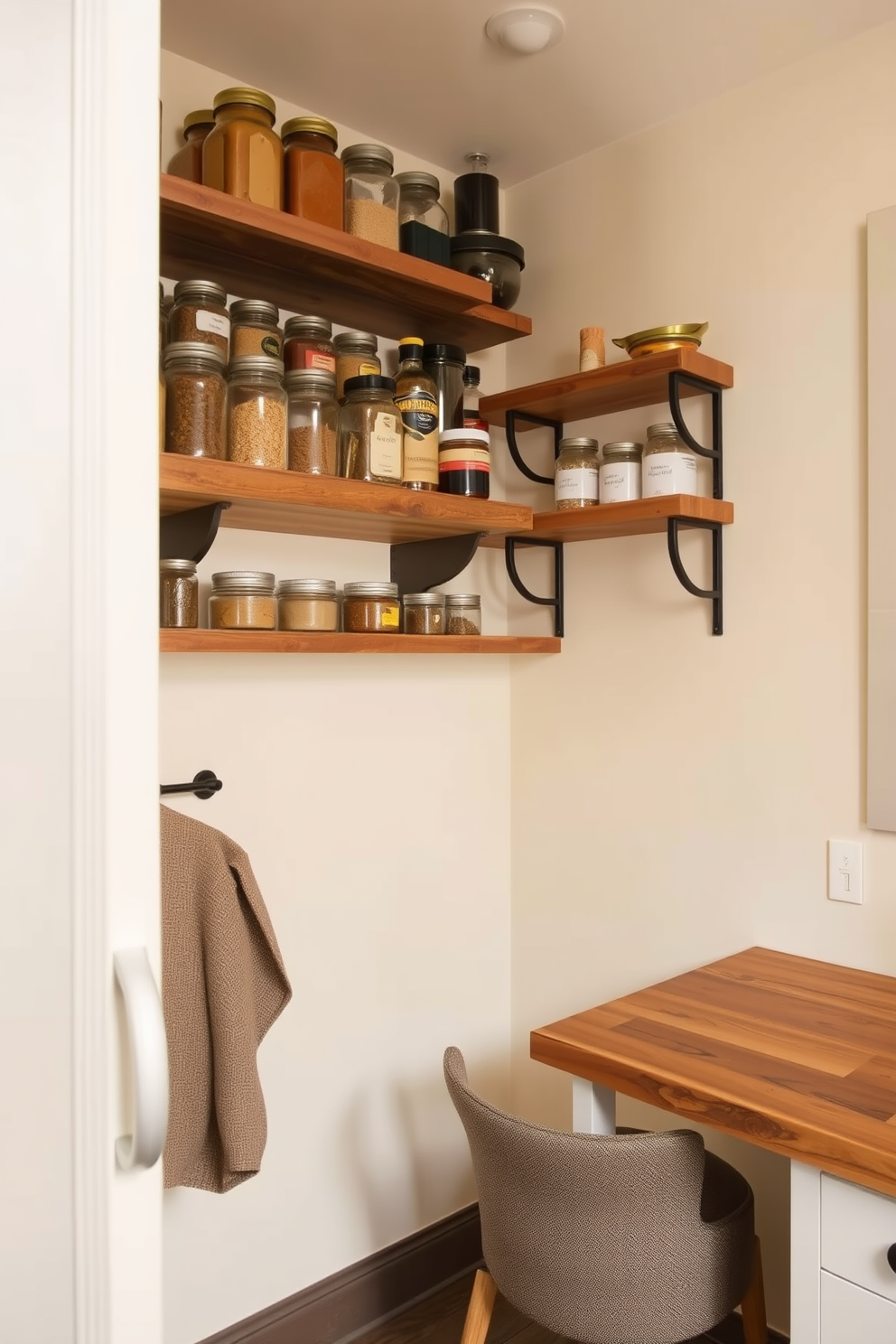 A cozy pantry with a small workstation area. The space features open shelving made of reclaimed wood, displaying jars of spices and dry goods. In the corner, a compact desk with a comfortable chair provides a functional workspace. The walls are painted in a soft cream color, complemented by a rustic wooden countertop.