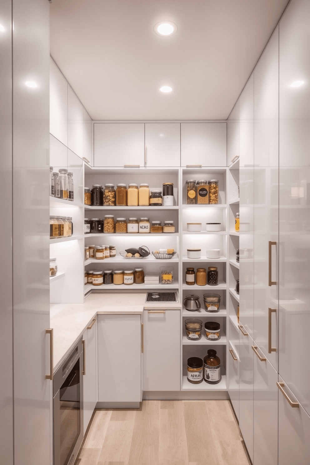 A modern kitchen pantry featuring sleek cabinetry with a minimalist design. The space is illuminated by recessed lighting that highlights the organized shelves filled with neatly arranged jars and containers. The pantry includes a combination of open shelving and closed cabinets to maximize storage. A small countertop area is integrated for easy access to frequently used items, creating a functional and stylish space.