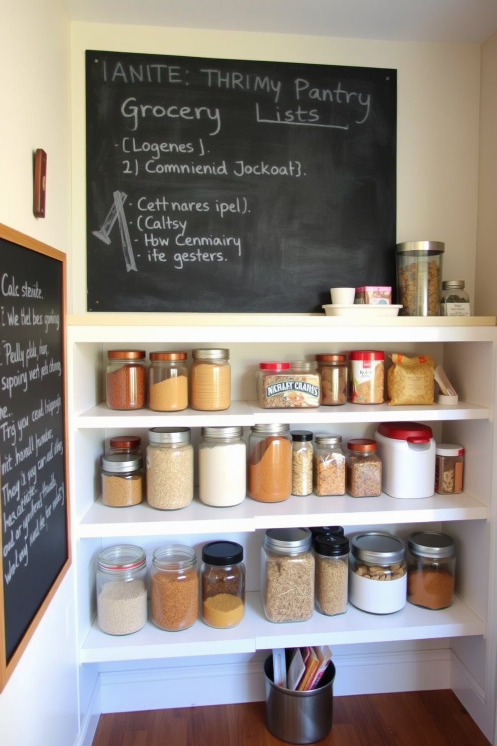 A cozy kitchen pantry featuring a large chalkboard mounted on the wall for jotting down notes and grocery lists. The shelves are filled with neatly organized jars and containers, showcasing a variety of grains, spices, and snacks.