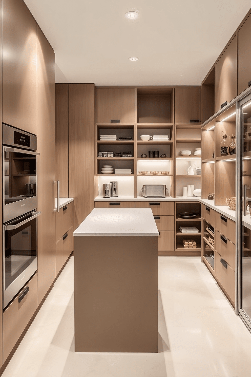 A modern kitchen featuring integrated appliances that blend seamlessly into the cabinetry. The sleek design emphasizes clean lines and a minimalist aesthetic, with a large island at the center for both cooking and socializing. A spacious pantry with custom shelving designed for optimal organization. The pantry includes pull-out drawers and a designated area for small appliances, ensuring a clutter-free and functional space.