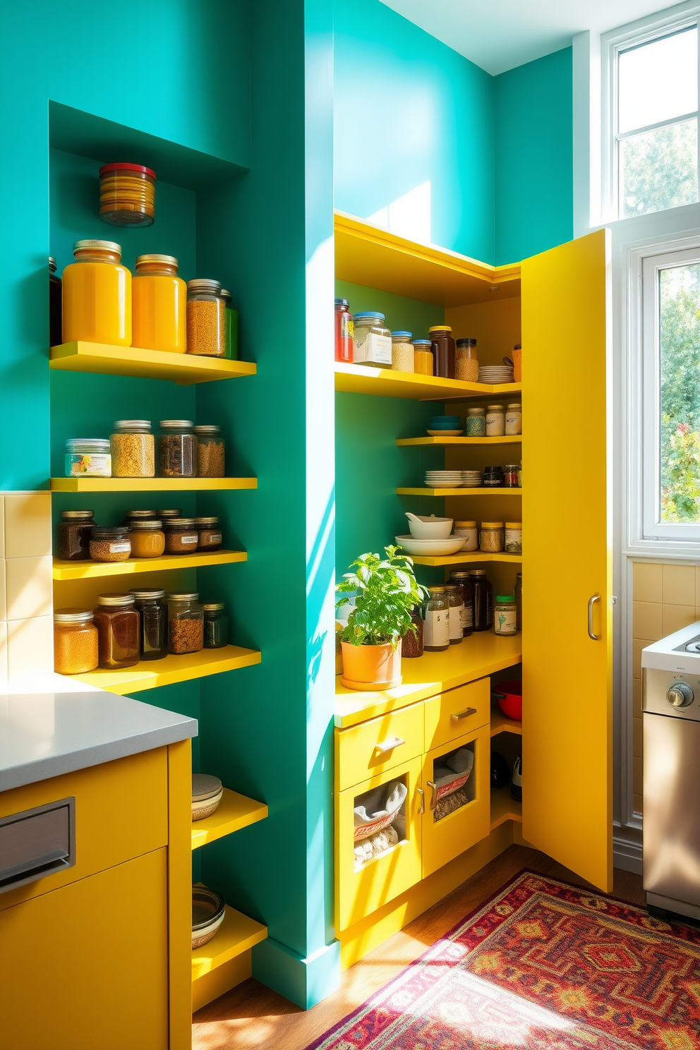 A vibrant kitchen pantry filled with bright yellow shelves that showcase an array of colorful jars and containers. The walls are painted in a lively turquoise, and a cheerful patterned rug adds warmth to the space. Natural light floods in through a large window, illuminating the organized shelves and creating a welcoming atmosphere. A small potted herb garden sits on the windowsill, bringing a touch of greenery and freshness to the design.