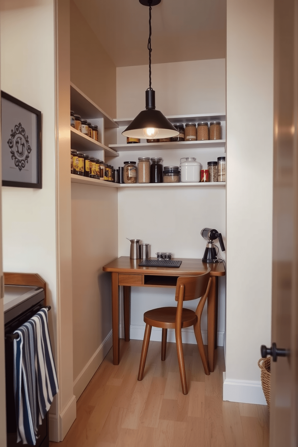 A cozy pantry featuring a small workspace area. The walls are painted in a soft cream color, and open shelving displays neatly organized jars and containers. In the corner, a compact desk with a wooden finish provides a functional workspace. A stylish pendant light hangs above, illuminating the area with warm light.