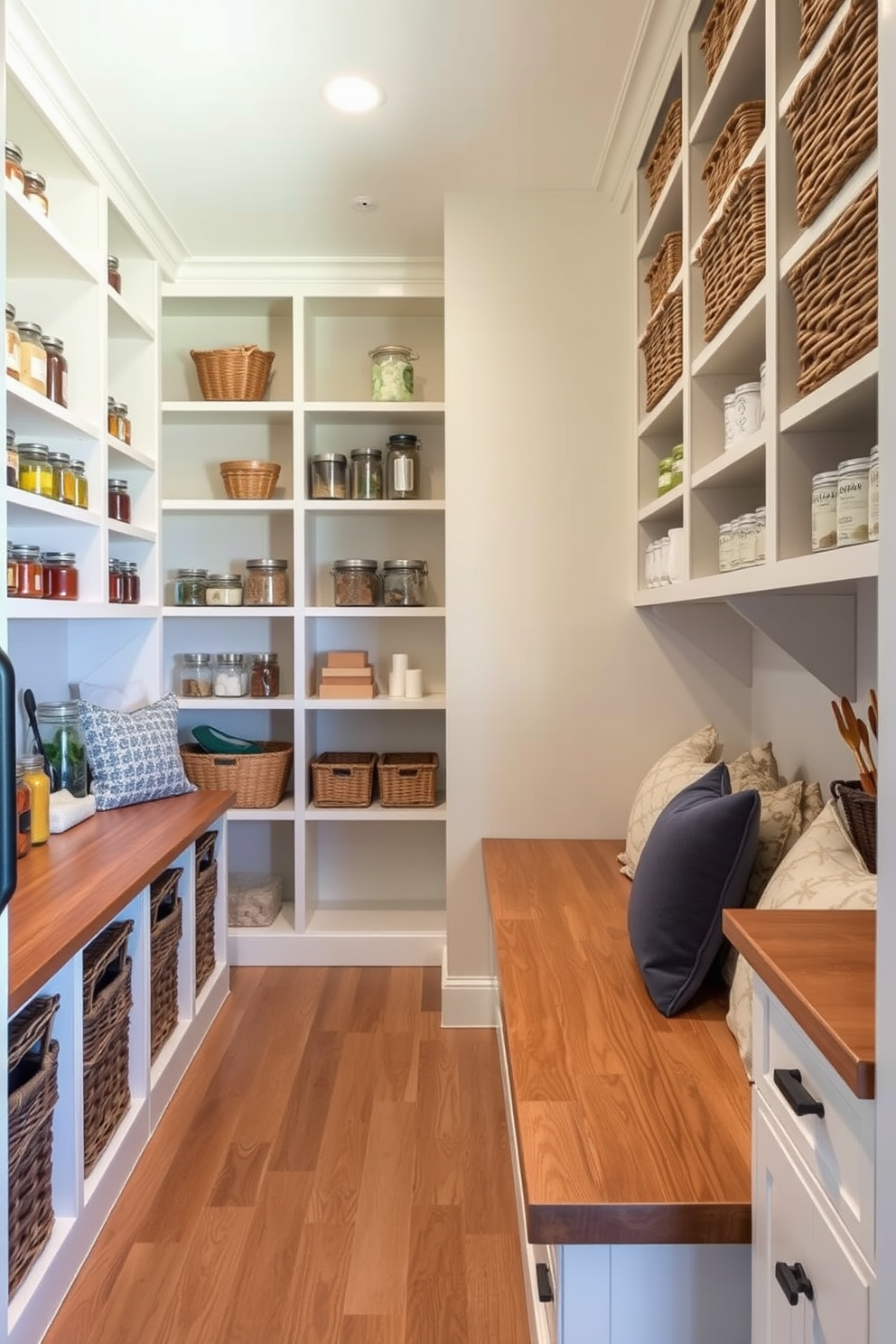 A cozy kitchen pantry features a spacious bench along one side, providing a convenient spot for meal prep or storage. The walls are lined with open shelves filled with jars and baskets, creating an organized and inviting atmosphere.