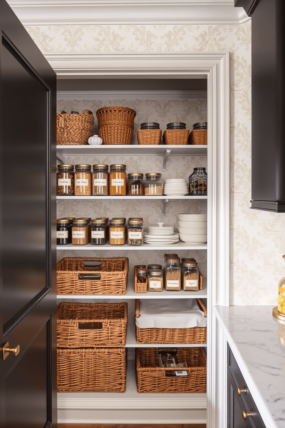 A stylish kitchen pantry featuring decorative wallpaper that adds a touch of elegance to the space. The shelves are neatly organized with labeled jars and baskets, creating a functional yet visually appealing storage area.