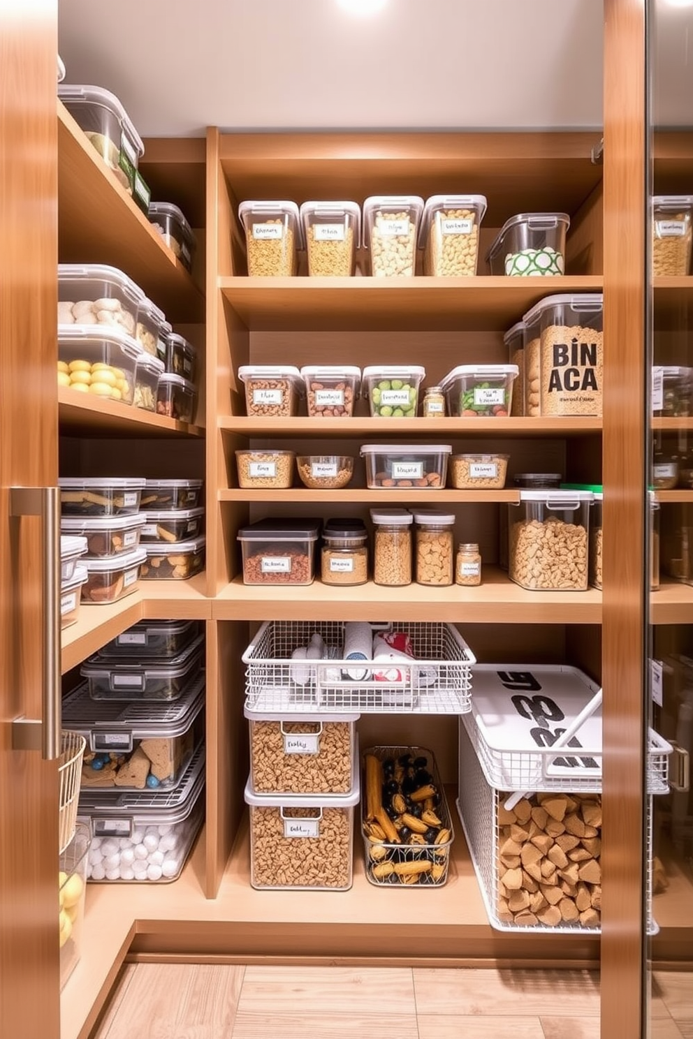 A modern kitchen pantry featuring stackable storage solutions for versatile organization. The shelves are filled with clear containers labeled for easy access, while a sliding basket system allows for efficient use of space.