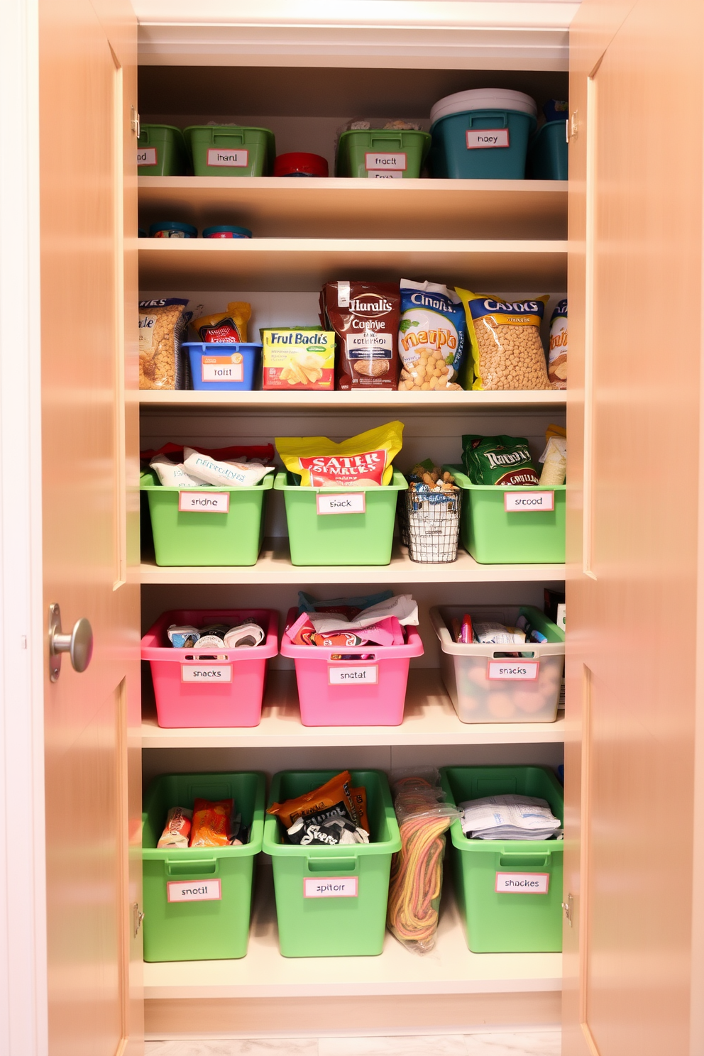 A functional kitchen pantry designed for easy access to bins for kids snacks. The pantry features low shelves filled with colorful bins labeled for quick identification, making snack time enjoyable and organized.