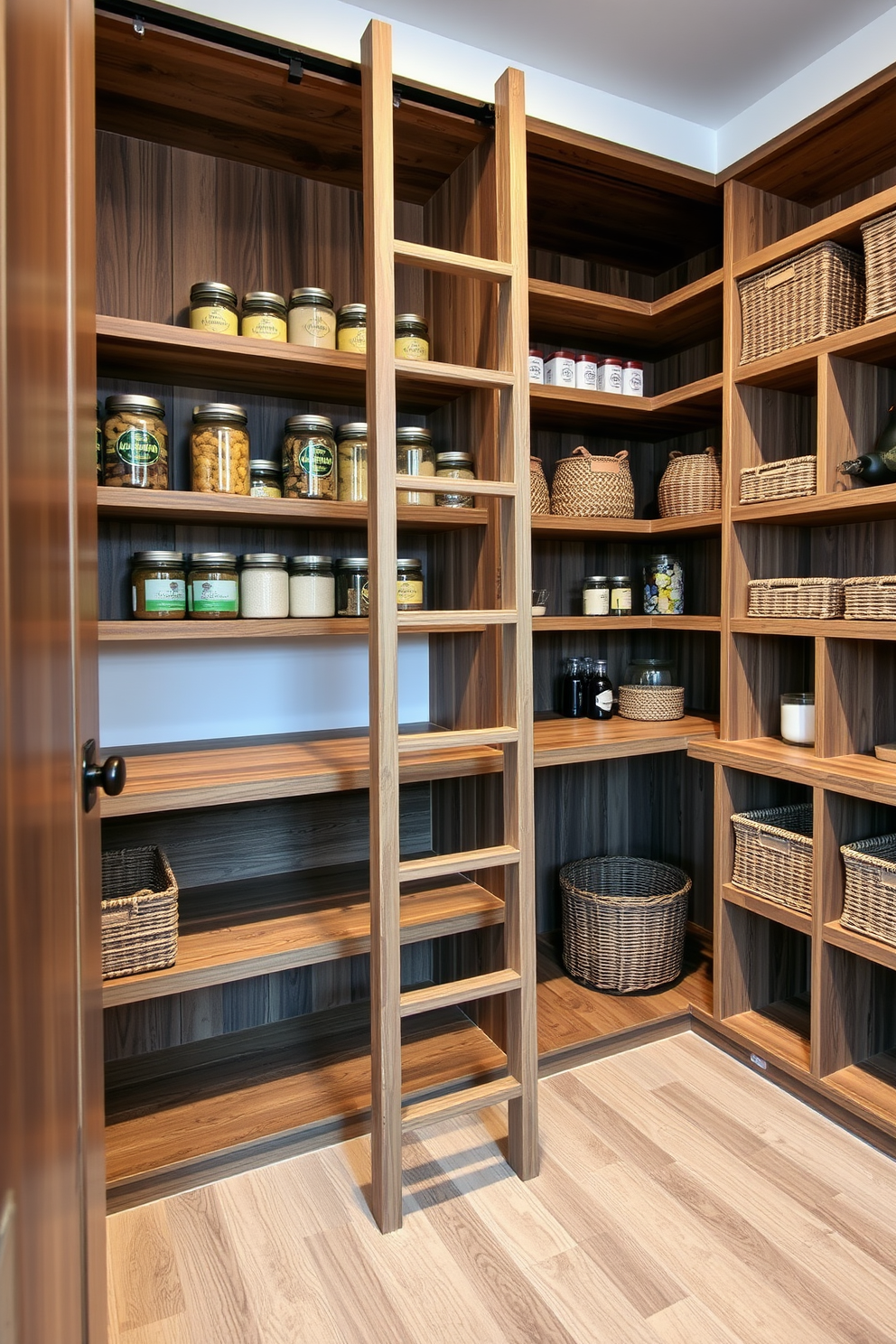 A modern pantry featuring a sliding ladder for easy access to high shelves. The pantry is designed with open shelving made of reclaimed wood, showcasing neatly organized jars and baskets.