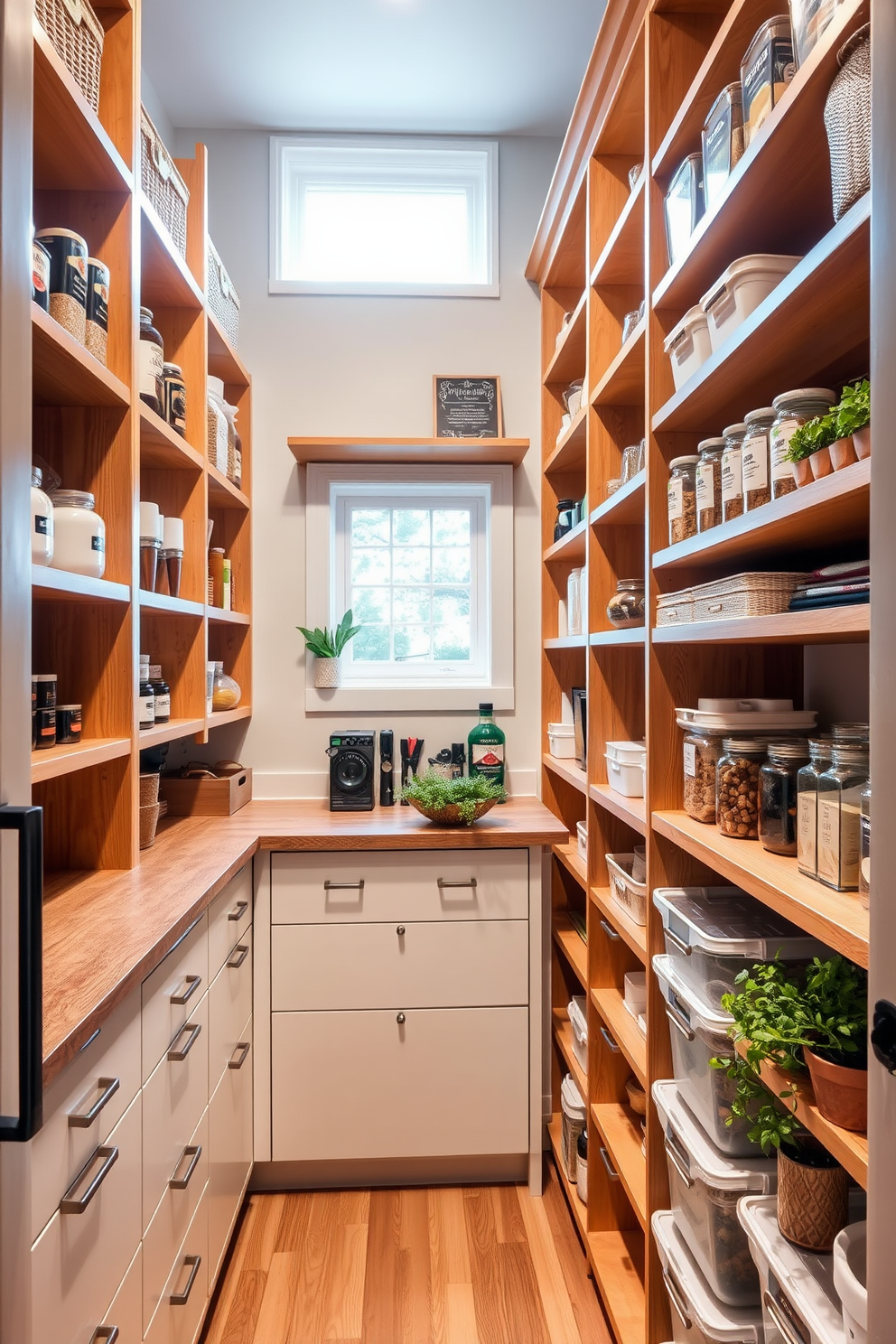 A spacious kitchen pantry with organized shelving that maximizes storage space. The layout includes clear pathways for easy access to all items, with labeled bins and jars for efficient organization. Natural light filters through a small window, illuminating the warm wood tones of the shelves. A small countertop area is included for meal prep, adorned with fresh herbs in decorative pots.