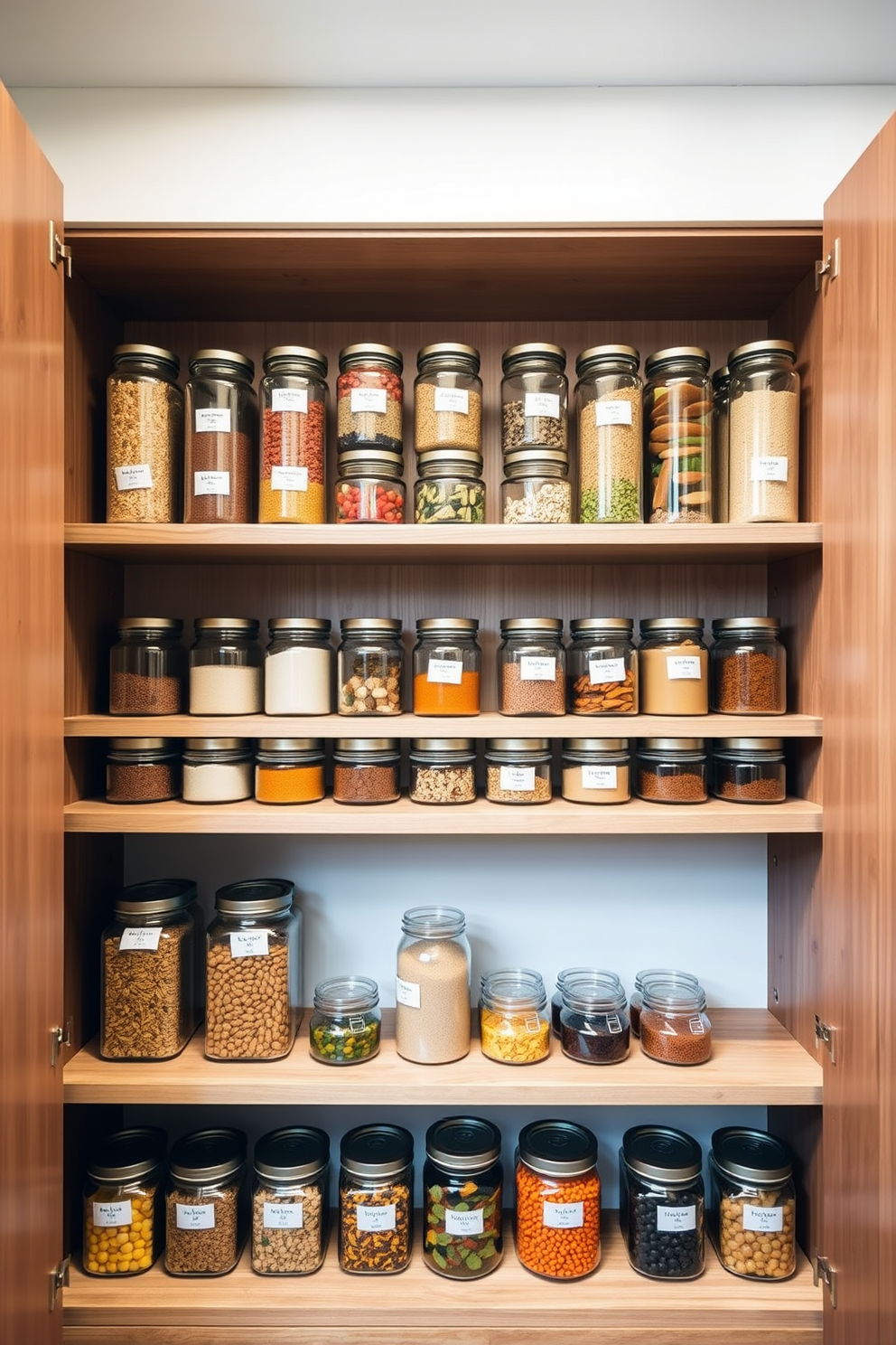 A modern kitchen pantry featuring sleek glass jars arranged on open wooden shelves. The jars are filled with colorful ingredients, creating a vibrant and organized display that enhances the overall aesthetic of the space.