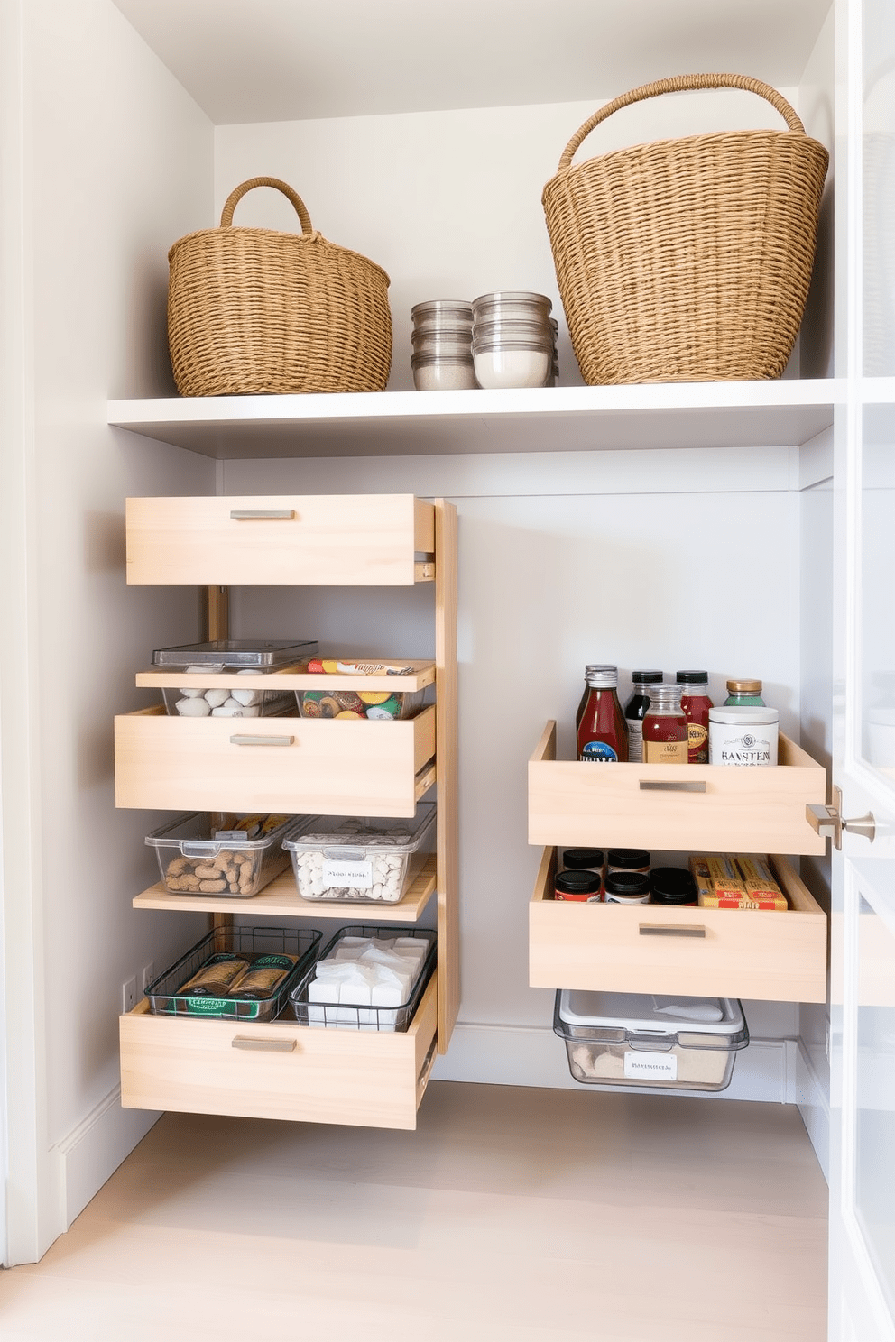 A modern kitchen pantry featuring pull-out drawers designed for efficient organization. The drawers are crafted from light wood and neatly store various food items, with clear containers for easy visibility. The pantry walls are painted in a soft white, creating a bright and airy feel. A stylish woven basket sits on a top shelf, adding a touch of texture and warmth to the space.