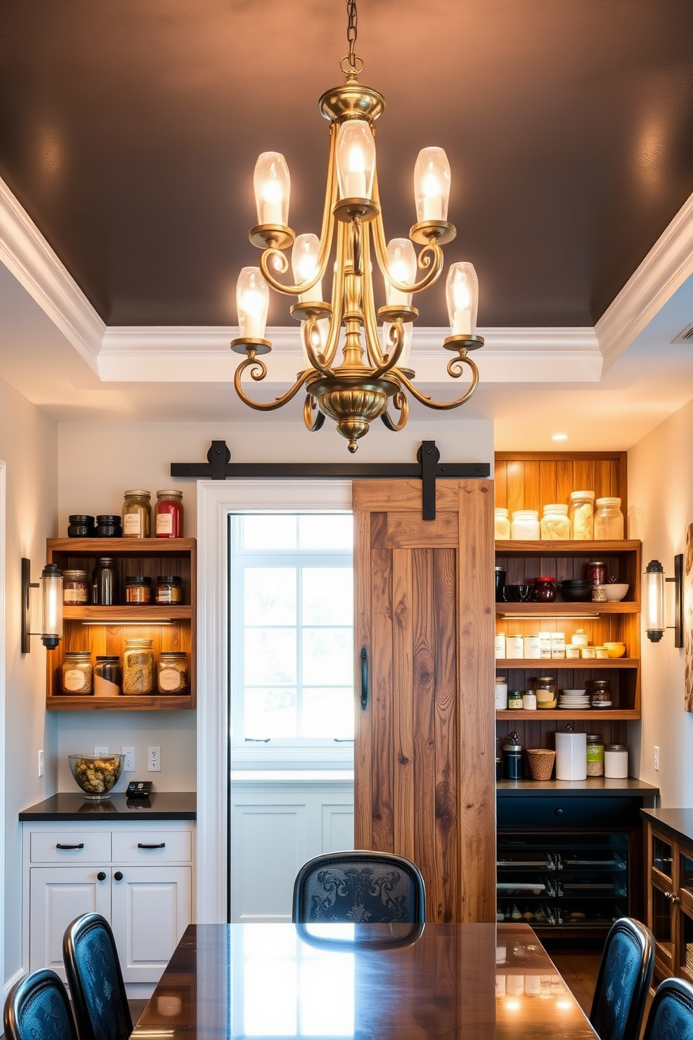 Elegant lighting fixtures for a polished look. A grand chandelier hangs from the ceiling, casting a warm glow over the dining area. Flanking the chandelier are sleek wall sconces that complement the overall decor. Kitchen pantry design ideas. The pantry features open shelving made of reclaimed wood, showcasing neatly organized jars and containers. A sliding barn door adds rustic charm while maximizing space efficiency.