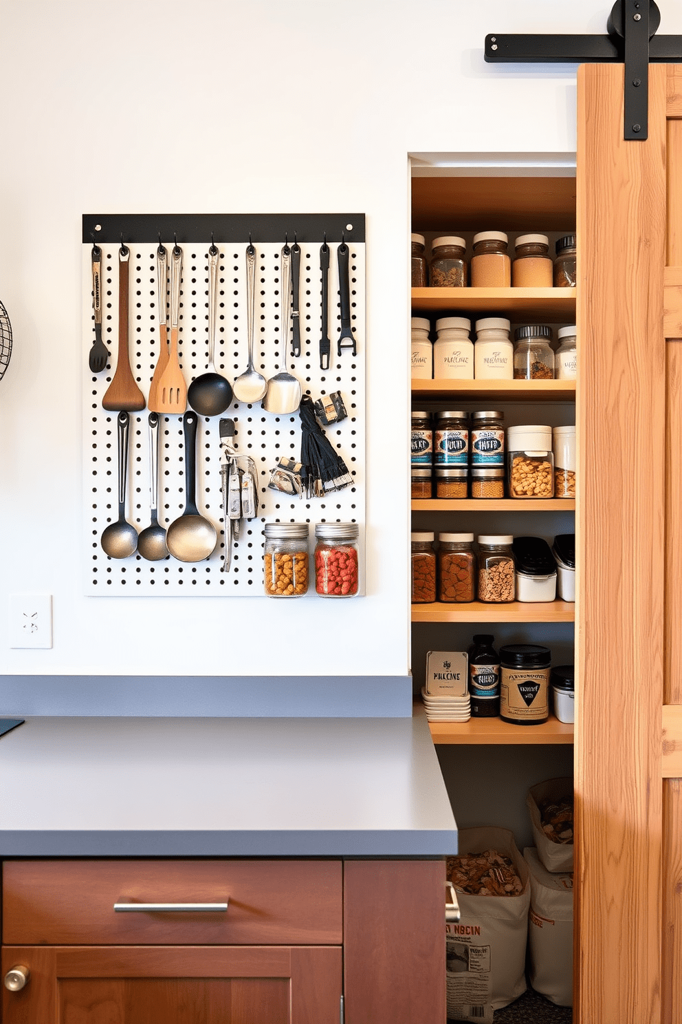 A functional pegboard is installed on the wall, providing an organized space for hanging cooking utensils and tools. Below, a sleek countertop area is utilized for food preparation, enhancing the efficiency of the kitchen. The pantry features open shelving that displays neatly arranged jars and containers, making it easy to find ingredients. A sliding barn door adds a rustic charm while ensuring easy access to the pantry space.