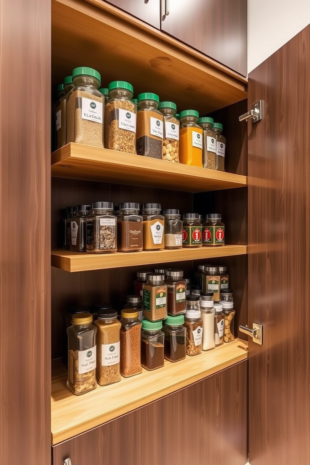 A sleek kitchen pantry featuring a built-in spice rack for easy access and organization. The shelves are crafted from natural wood, showcasing an array of spices in clear glass containers, enhancing both functionality and aesthetic appeal.