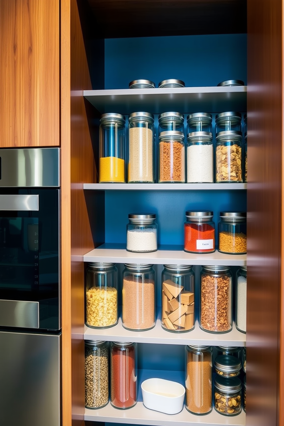 A modern kitchen pantry with sleek glass jars neatly arranged on open shelves. The jars are filled with colorful dry ingredients, adding a pop of color against the backdrop of warm wood cabinetry.