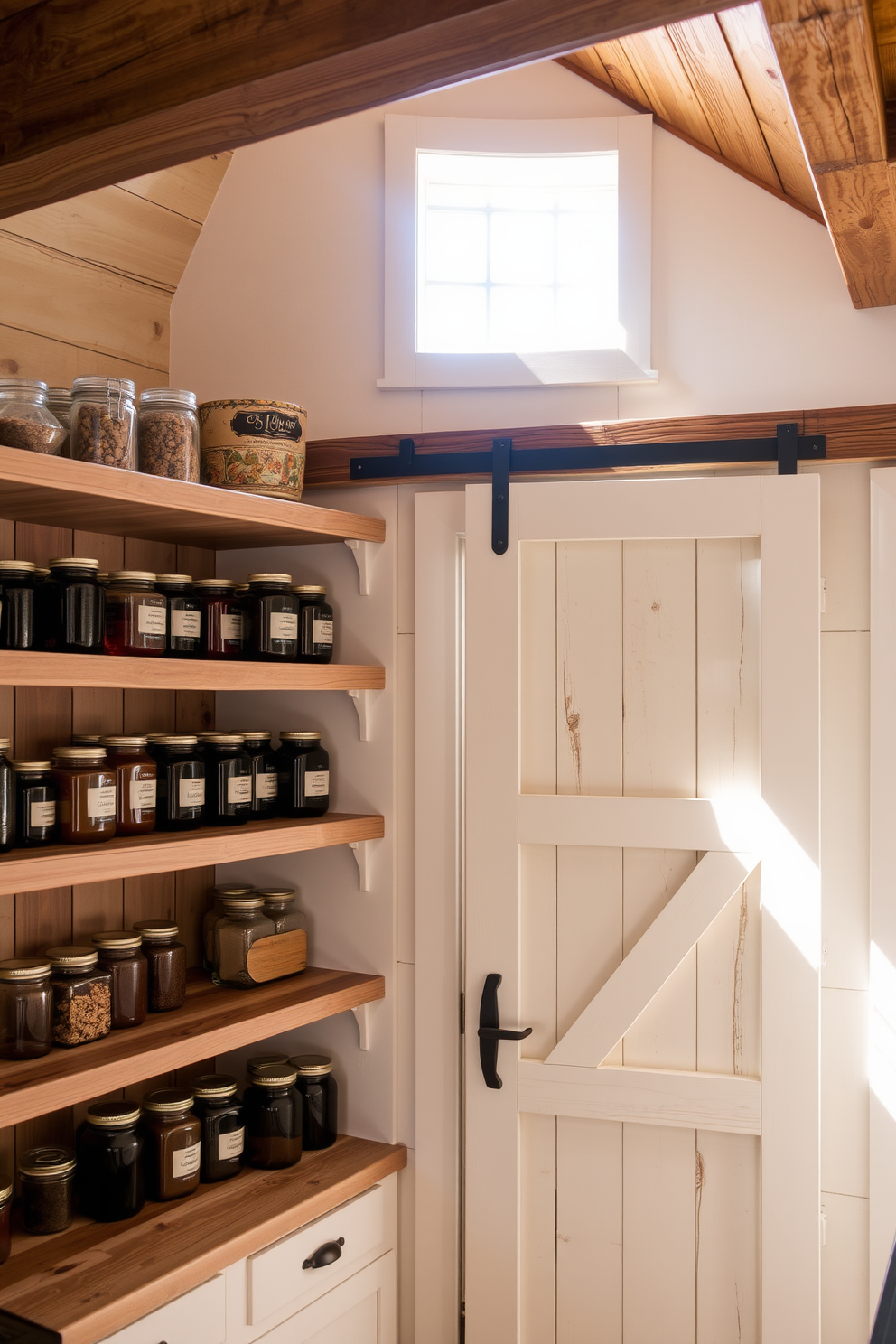 A charming farmhouse kitchen pantry with rustic wood accents. The shelves are made of reclaimed barn wood, filled with glass jars of preserves and spices, creating a warm and inviting atmosphere. The pantry door features a classic sliding barn design, painted in a soft white hue. Natural light streams in through a small window, illuminating the wooden beams overhead and enhancing the cozy feel of the space.