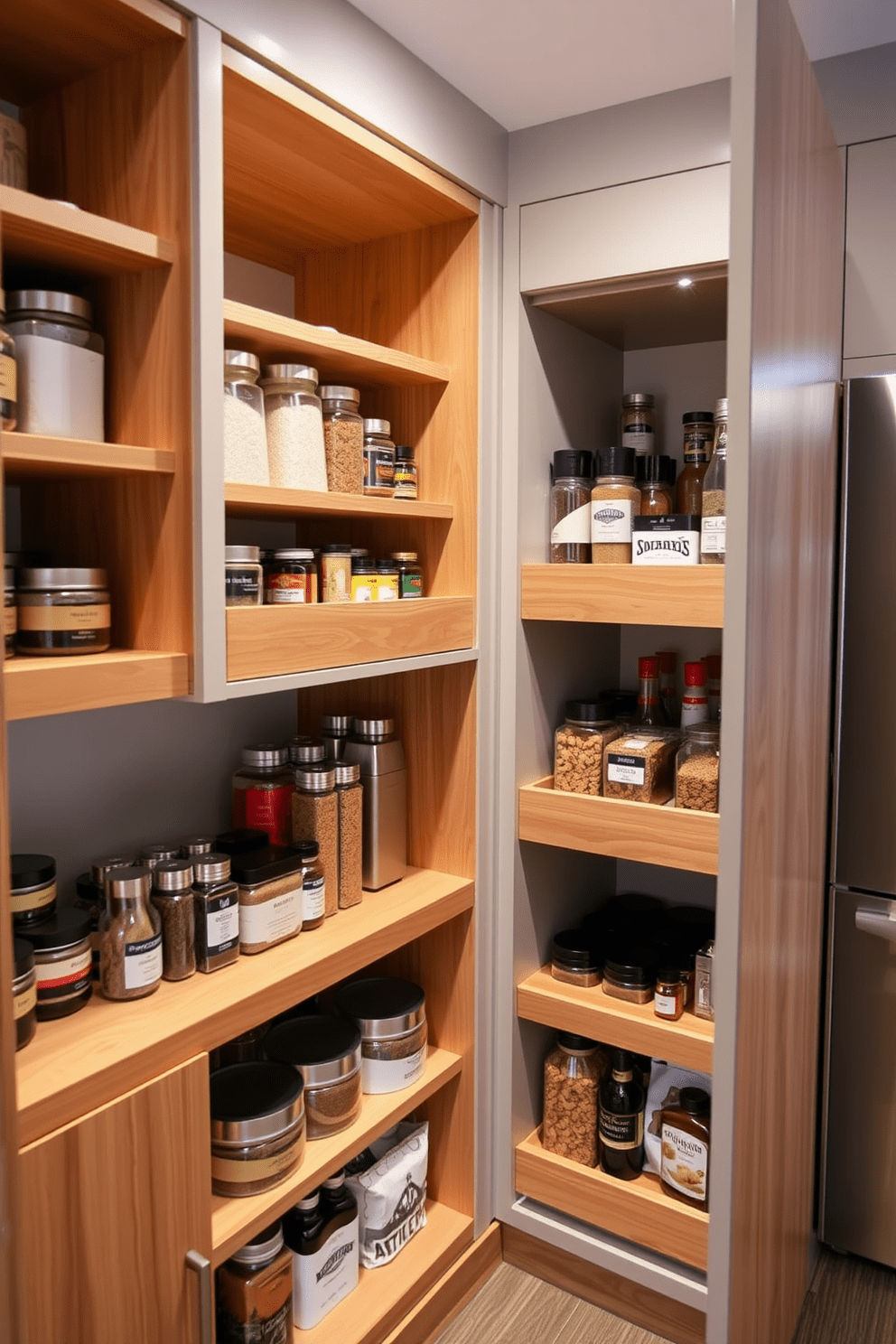 A modern kitchen pantry featuring built-in spice racks for easy access and organization. The pantry includes open shelving made of natural wood, with neatly arranged jars and containers for spices and dry goods.