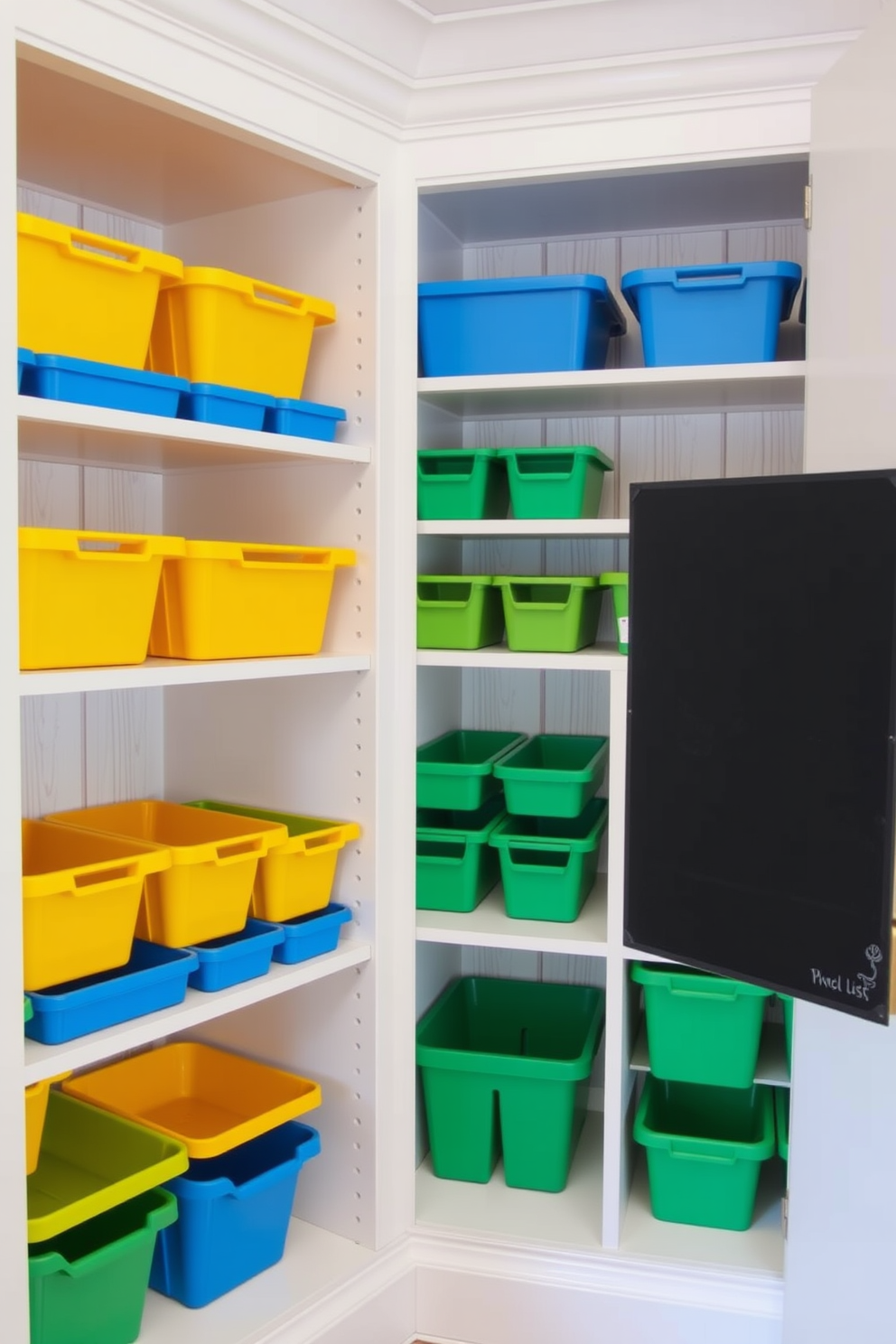 A vibrant kitchen pantry featuring color-coded bins arranged neatly on open shelves. The bins come in various shades of blue, green, and yellow, creating a playful and organized atmosphere. The pantry has a light wood backdrop with white shelving, enhancing the cheerful color scheme. A small chalkboard is mounted on the door for jotting down grocery lists, adding a functional touch to the design.