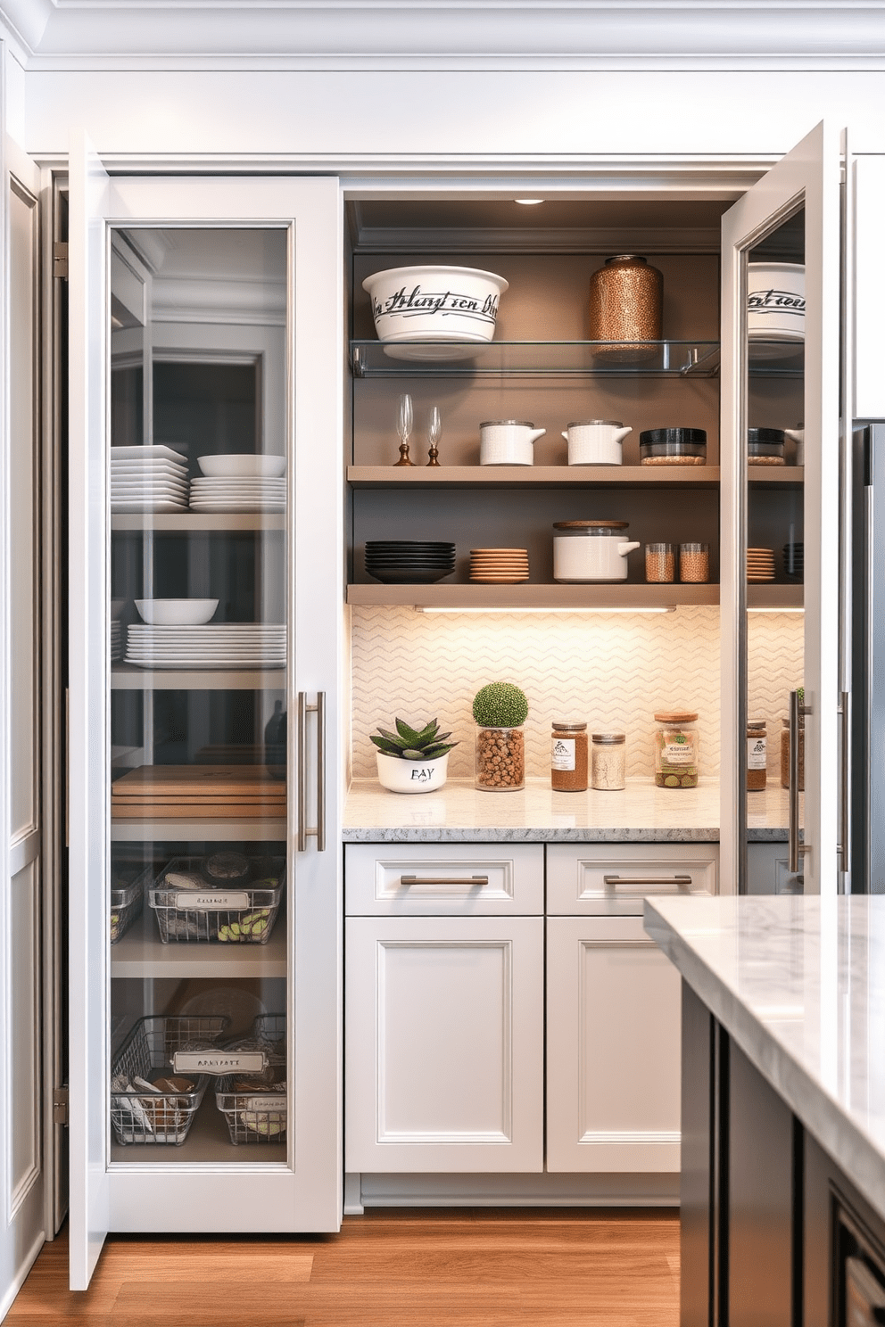 A hidden pantry seamlessly integrated behind elegant cabinet doors. The design features custom shelving for optimal organization and a stylish countertop for meal prep.