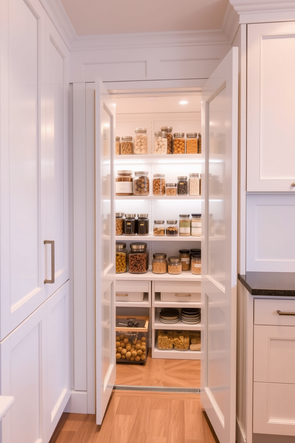 A hidden pantry is seamlessly integrated behind elegant cabinet doors, offering a clean and uncluttered look. The cabinetry features a sleek finish in a soft white tone, complementing the overall kitchen design. Inside the pantry, shelves are stocked with neatly organized jars and containers, maximizing storage space while maintaining accessibility. Soft LED lighting illuminates the interior, creating a warm and inviting atmosphere.