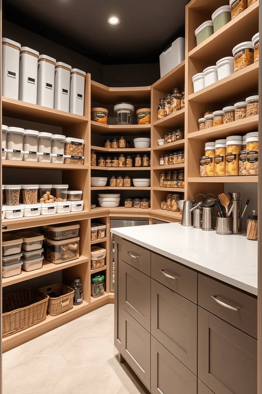 A spacious walk-in pantry designed for optimal organization and efficiency. The shelves are lined with neatly arranged containers, and a large countertop provides ample space for meal prep and storage.