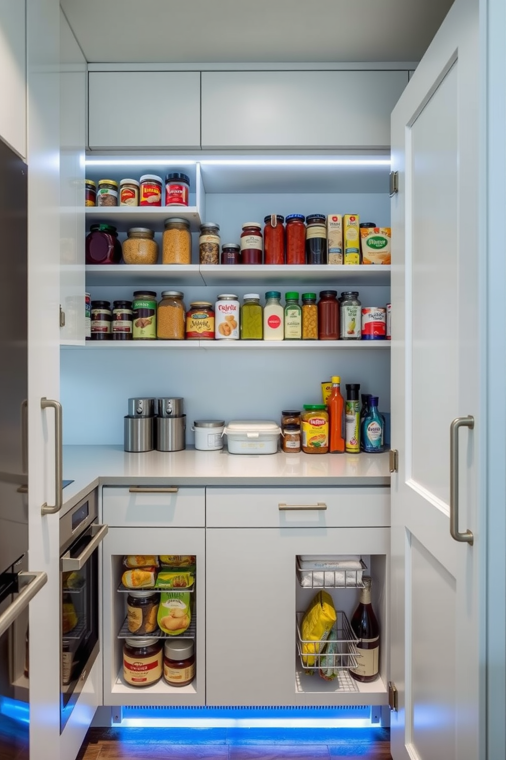 A modern kitchen pantry featuring vertical storage solutions to maximize space. Shelving units extend from floor to ceiling, filled with neatly organized jars, spices, and canned goods. The pantry door includes a pull-out rack for easy access to frequently used items. A small countertop area is included for meal prep, complemented by under-shelf lighting for a bright and inviting atmosphere.