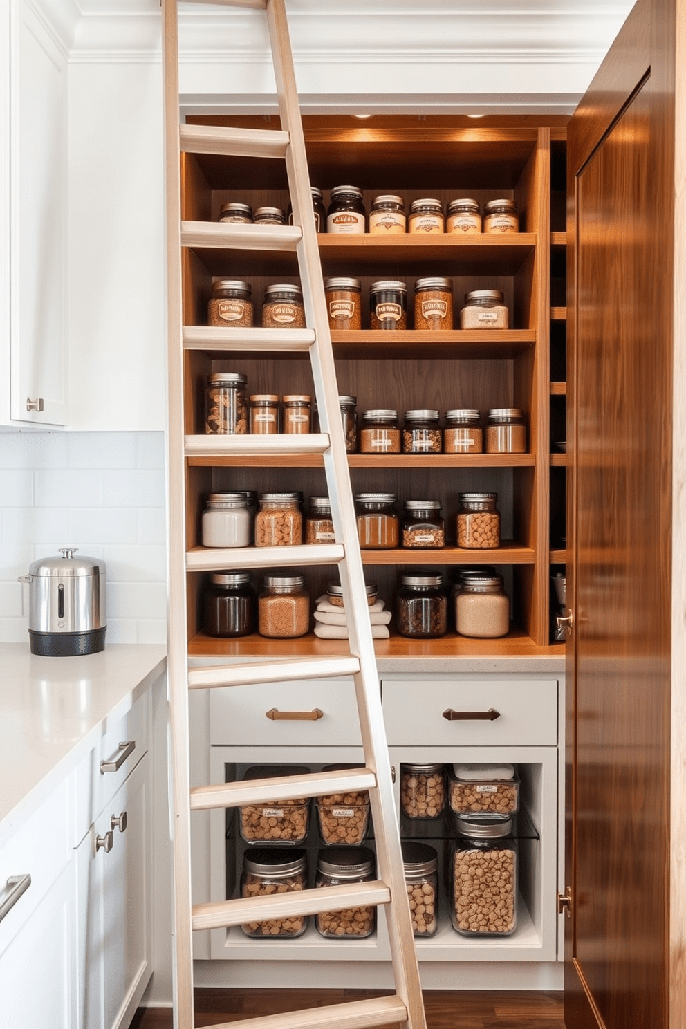 A stylish kitchen pantry featuring a sleek ladder for reaching high shelves. The pantry is organized with open shelving, showcasing neatly arranged jars and containers, complemented by warm wooden accents.