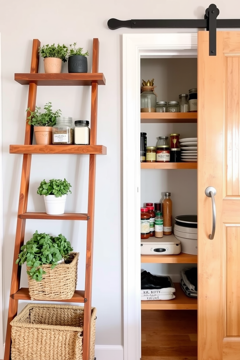 A stylish ladder shelf made of reclaimed wood leans against a light gray wall, showcasing a mix of potted herbs and decorative jars. Below, a woven basket adds texture while providing extra storage for kitchen essentials. The kitchen pantry features open shelving with a warm wood finish, allowing easy access to spices and dry goods. A sliding barn door adds a rustic touch, complementing the modern farmhouse aesthetic.