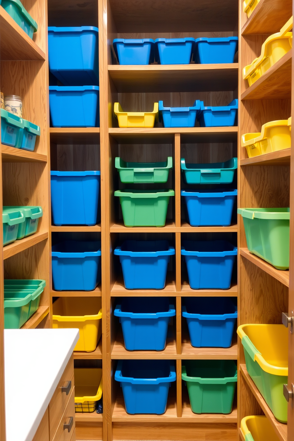 A stylish kitchen pantry featuring color-coded bins arranged neatly on wooden shelves. The bins in varying shades of blue, green, and yellow create a visually appealing display while maximizing storage efficiency.