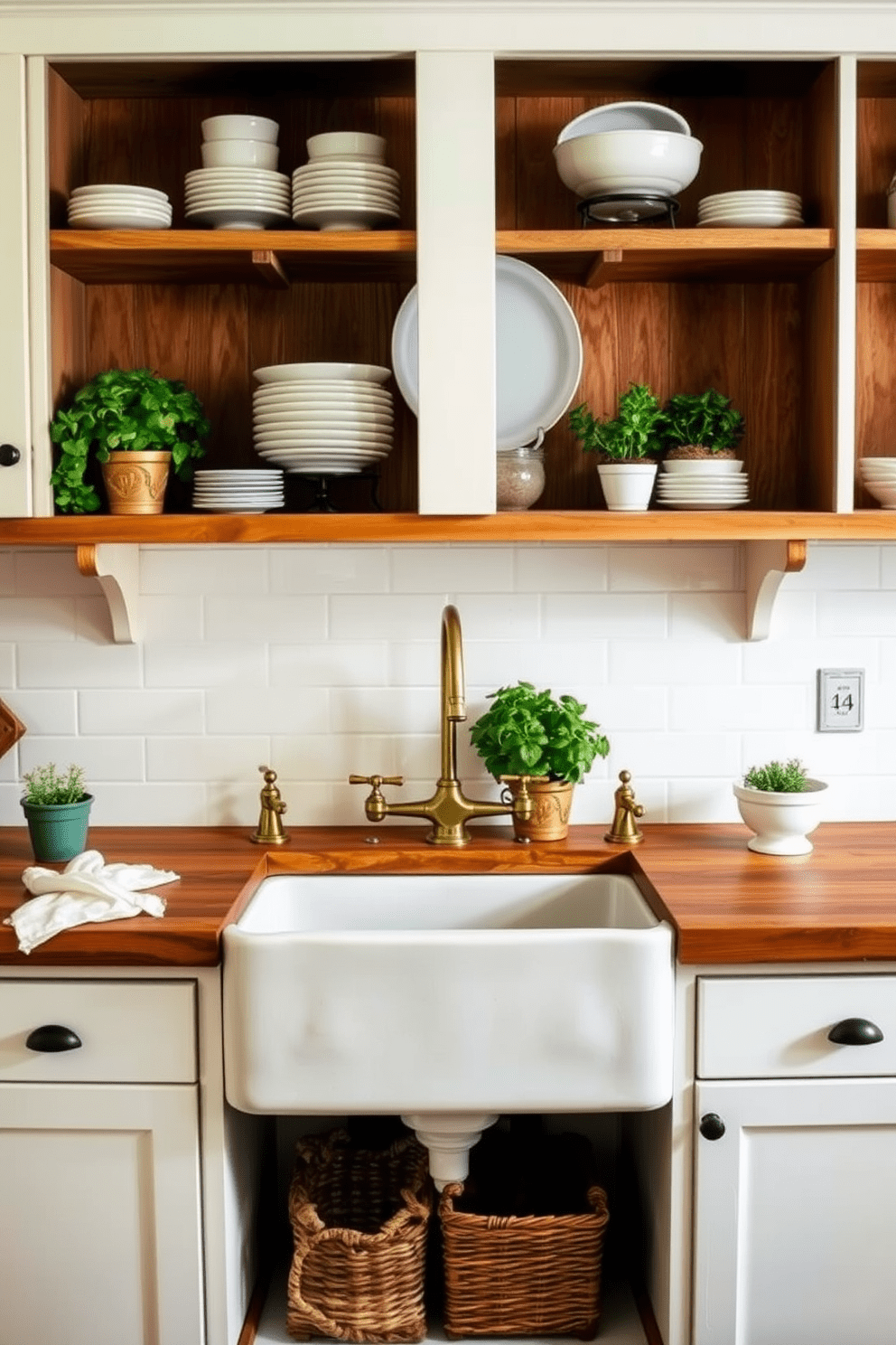 A charming kitchen featuring a farmhouse sink with an apron front design. The sink is complemented by a rustic wooden countertop and vintage-style brass fixtures, creating a warm and inviting atmosphere. Surrounding the sink are open wooden shelves displaying neatly arranged dishware and potted herbs. The cabinetry is painted in a soft white hue, enhancing the cozy farmhouse aesthetic.