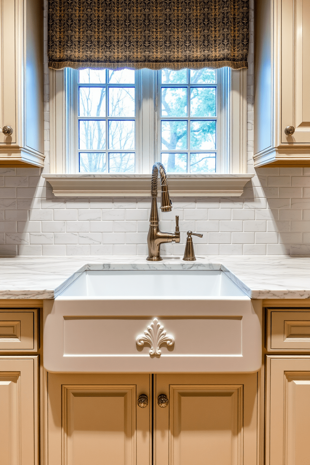 A stunning kitchen with an apron sink featuring a decorative front panel. The sink is surrounded by a beautiful quartz countertop that complements the cabinetry. Above the sink, a stylish window allows natural light to flood the space. The backsplash is adorned with intricate tile work that adds a touch of elegance to the overall design.