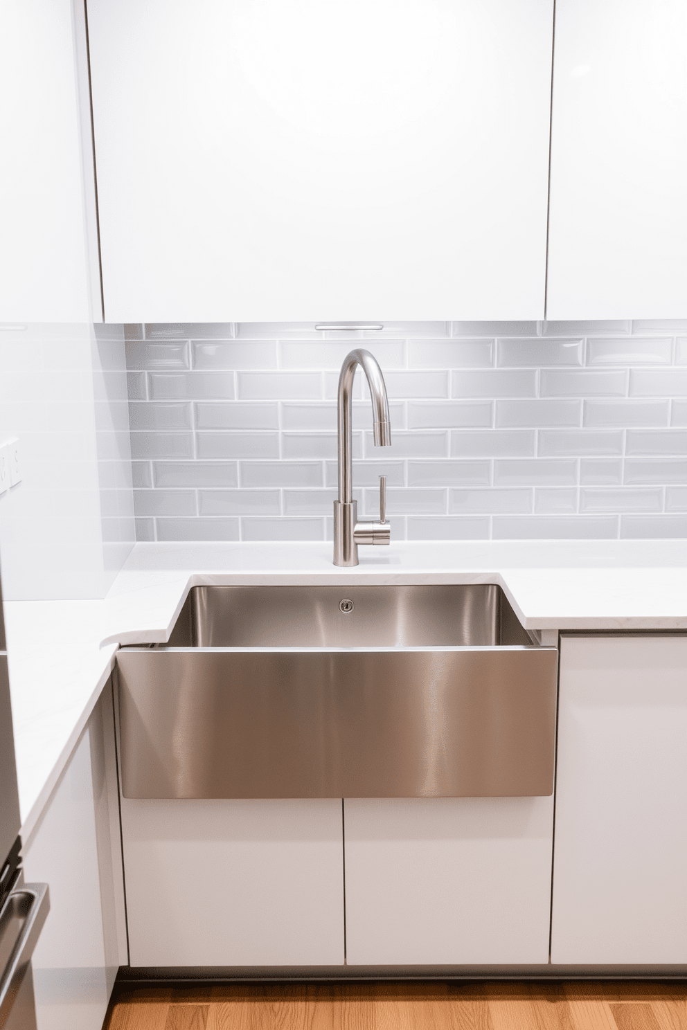 A modern kitchen featuring a drop-in sink with a sleek stainless steel finish. The sink is positioned on a spacious quartz countertop, complemented by minimalist cabinetry in a soft white hue. Above the sink, a stylish gooseneck faucet adds elegance and functionality. The backsplash is adorned with glossy subway tiles in a subtle gray, enhancing the overall contemporary aesthetic.