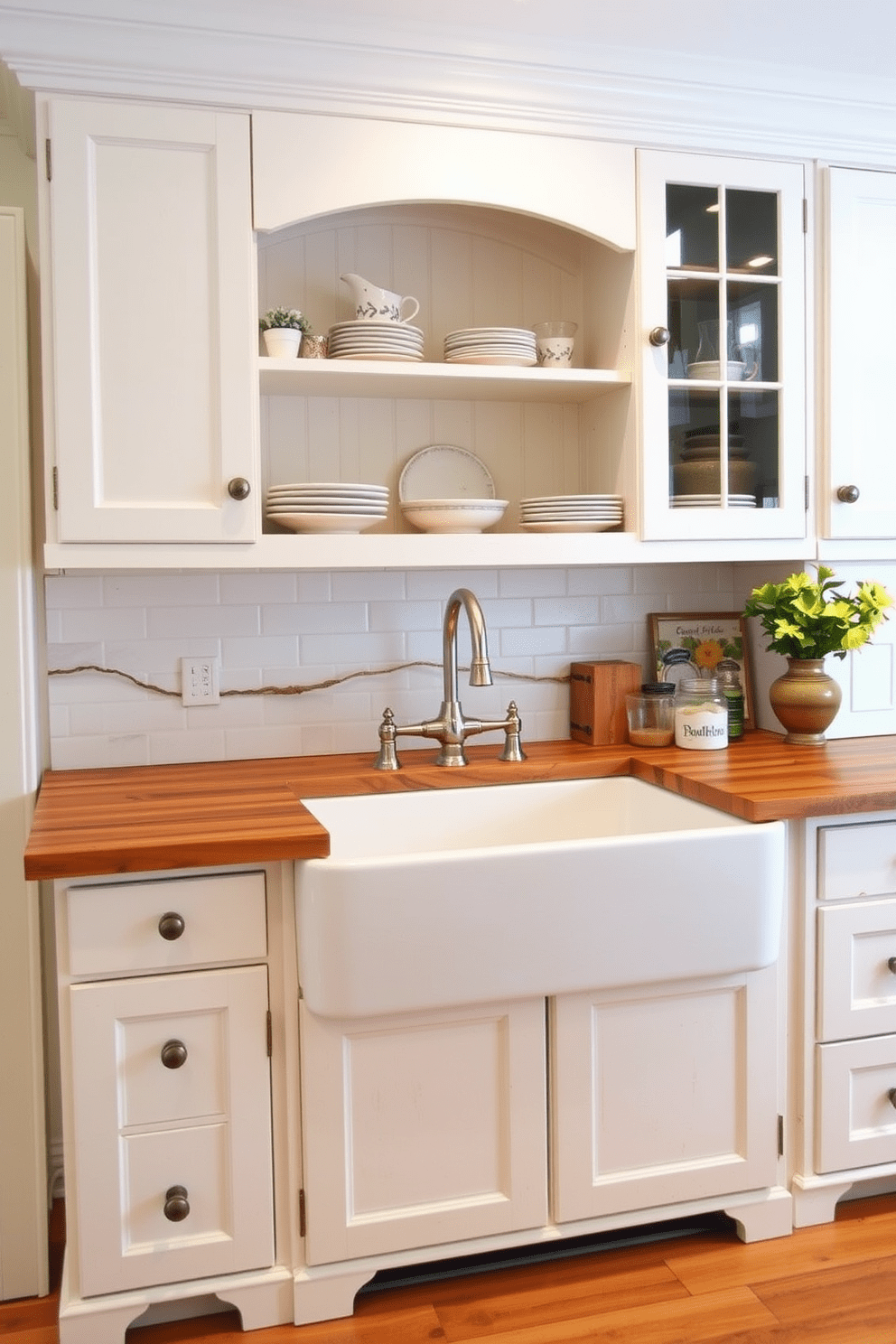 A charming farmhouse kitchen featuring a large apron-front sink with vintage-inspired decorative hardware. The surrounding cabinetry is painted in a soft white, complemented by a rustic wooden countertop and open shelving displaying elegant dishware.