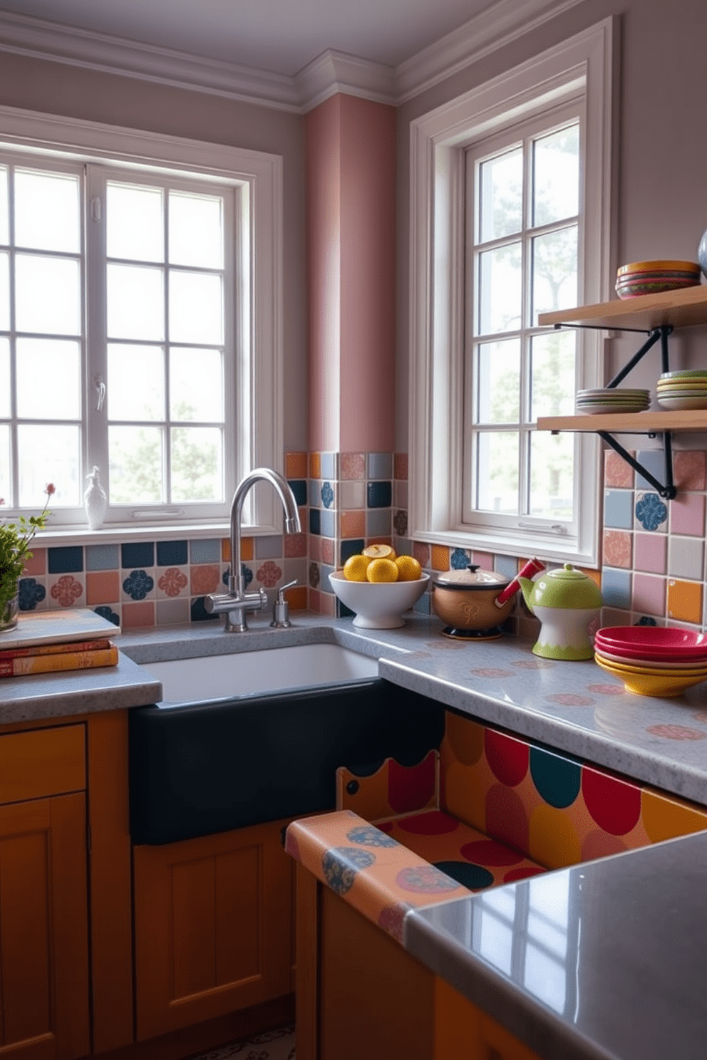 A colorful ceramic sink serves as a focal point in a vibrant kitchen. The sink is surrounded by bright cabinetry and playful backsplash tiles that enhance the cheerful atmosphere. Natural light floods the space through large windows, illuminating the rich hues of the sink. Complementary accessories, such as a fruit bowl and colorful dishware, add to the lively design.