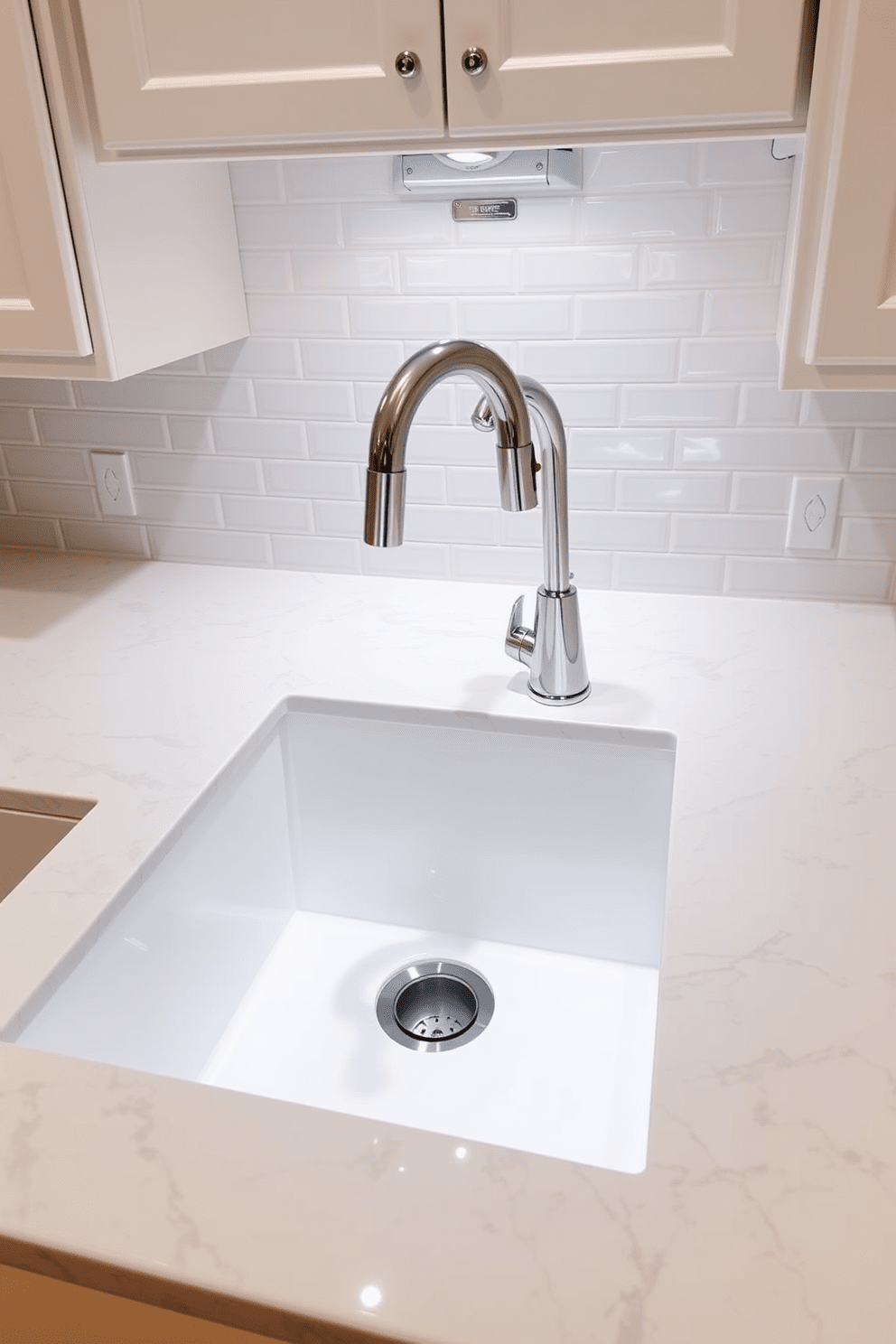 A sleek undermount sink is seamlessly integrated into a stunning quartz countertop, creating a clean and modern aesthetic. The faucet features a polished chrome finish, elegantly arching over the sink for easy access and functionality. Surrounding the sink, custom cabinetry in a soft white hue offers ample storage while maintaining a minimalist look. The backsplash is adorned with subway tiles in a glossy finish, reflecting light and enhancing the overall brightness of the kitchen space.