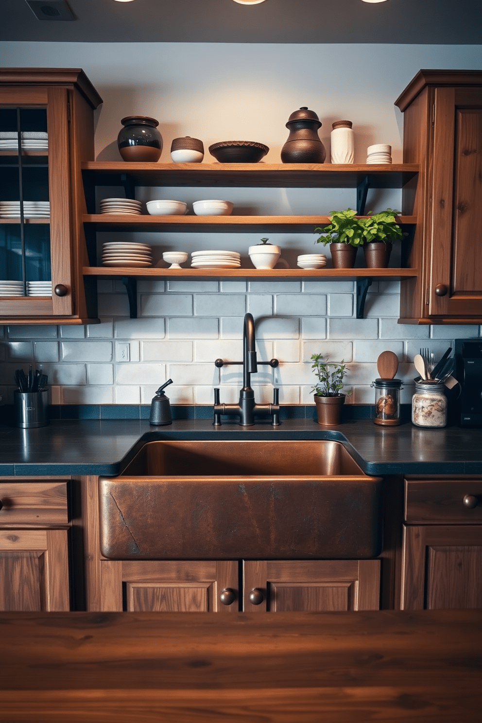 A rustic copper sink serves as the centerpiece of a cozy kitchen, exuding warmth and charm. Surrounding the sink, wooden cabinetry complements the earthy tones, while open shelving displays artisanal dishware and potted herbs. The countertop features a rich, dark wood finish, enhancing the overall rustic appeal. Soft, ambient lighting illuminates the space, creating an inviting atmosphere perfect for cooking and gathering.