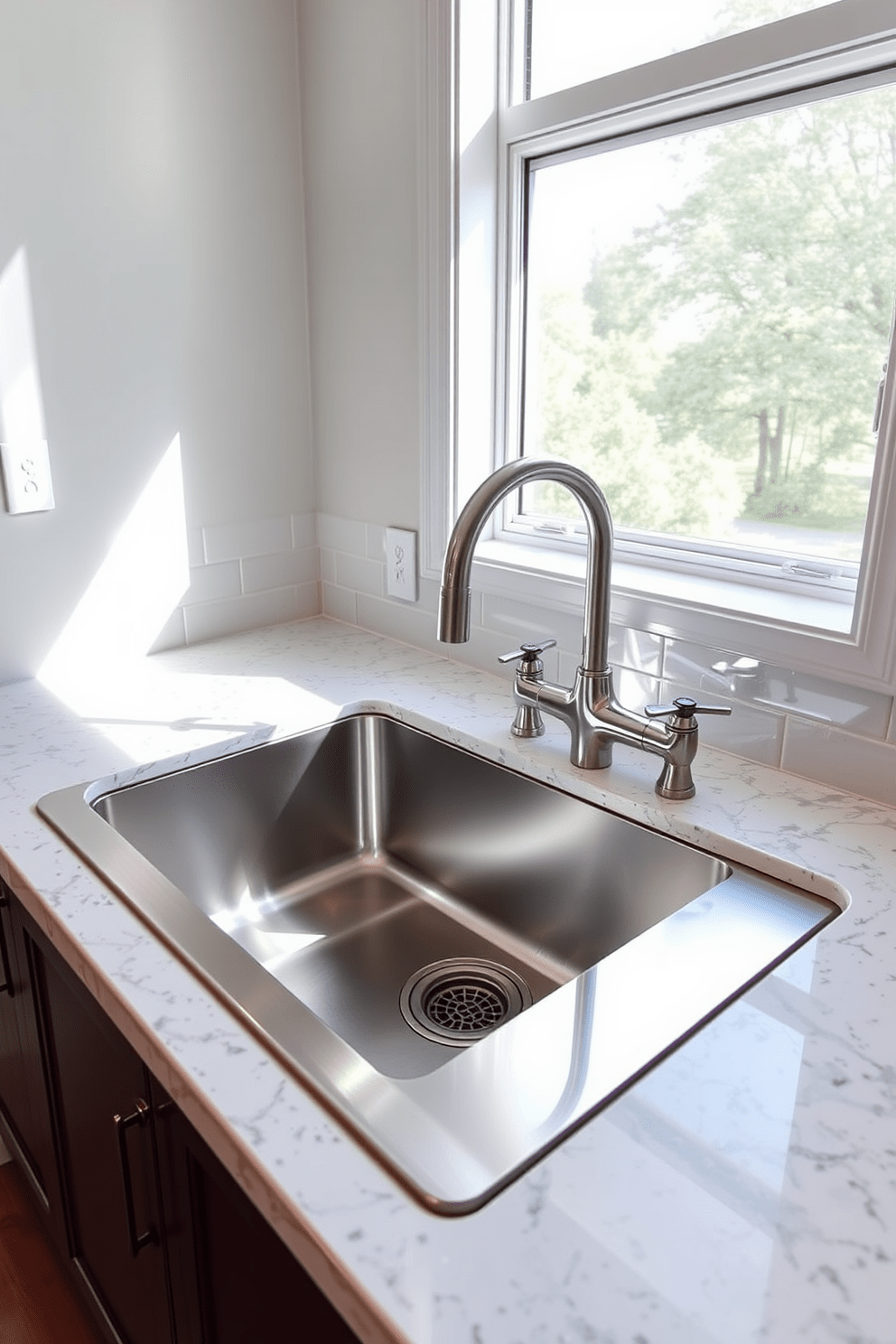 A sleek kitchen sink design featuring an integrated drainboard for practical use. The sink is made of polished stainless steel, seamlessly blending with the surrounding quartz countertop. Above the sink, a stylish backsplash of subway tiles adds a modern touch. Natural light streams in through a large window, illuminating the space and highlighting the elegant fixtures.