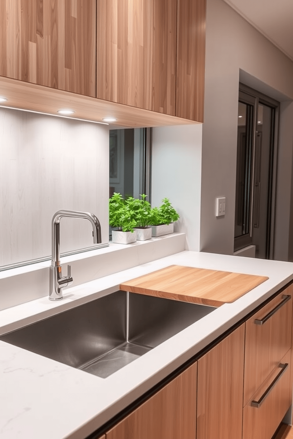 A modern kitchen sink design featuring a sleek stainless steel sink with a built-in cutting board seamlessly integrated into the countertop. The surrounding area showcases elegant cabinetry in a light wood finish, complemented by stylish fixtures and a minimalist faucet. The sink area is illuminated by under-cabinet lighting, highlighting the functionality and aesthetic appeal of the design. A small herb garden sits on the windowsill, adding a touch of greenery and freshness to the kitchen space.