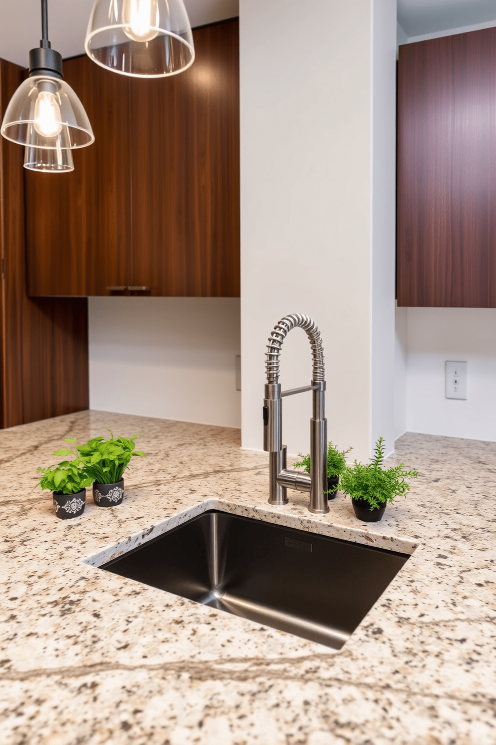 A sleek undermount sink is integrated into a stunning granite countertop, creating a seamless and modern aesthetic. The surrounding cabinetry features a rich, dark wood finish, complementing the elegant lines of the sink. Above the sink, stylish pendant lights provide warm illumination, enhancing the inviting atmosphere of the kitchen. A carefully arranged display of fresh herbs in decorative pots adds a touch of greenery and life to the countertop.