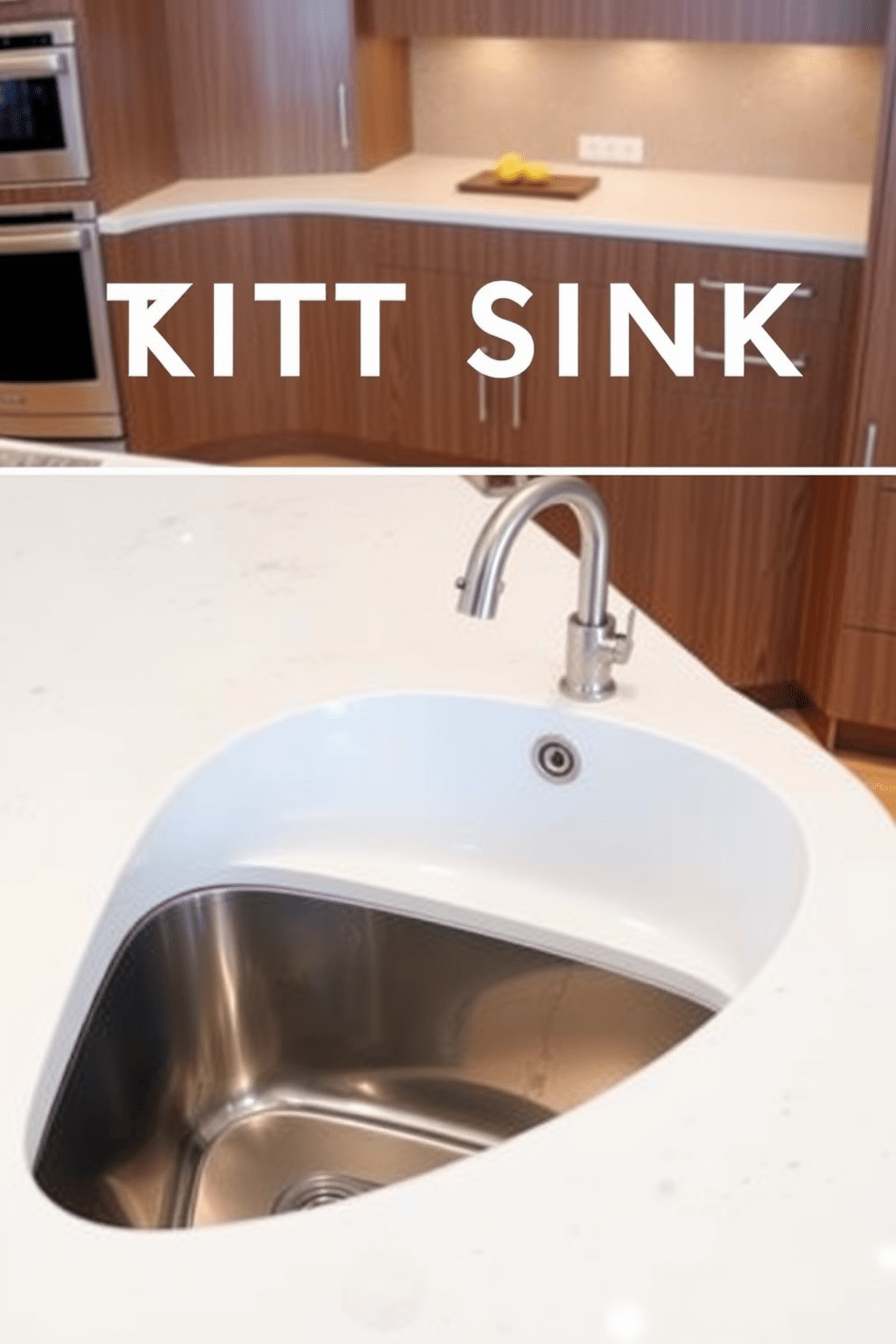 A custom-shaped kitchen sink designed to seamlessly integrate with the countertop. The sink features an elegant curve that complements the surrounding cabinetry, enhancing the overall aesthetic of the kitchen space.