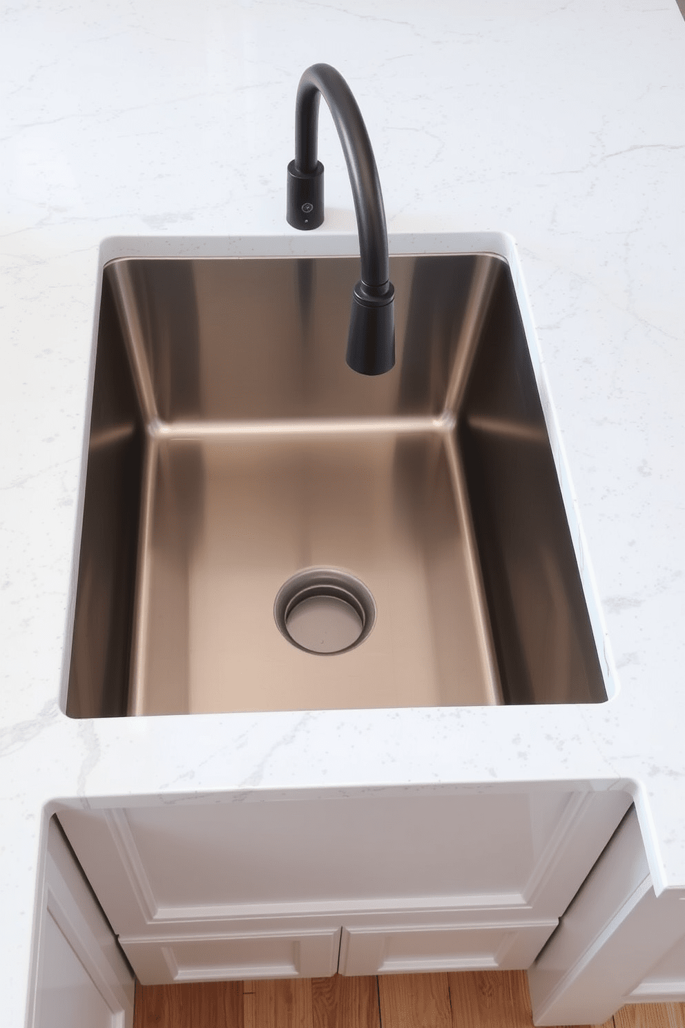 A spacious kitchen featuring a deep sink designed for large pots and pans. The sink is made of stainless steel with a brushed finish, complemented by a stylish pull-down faucet in a matte black finish. Surrounding the sink are elegant quartz countertops with a subtle veining pattern. Below the sink, there are custom cabinetry with soft-close drawers for easy access to kitchen essentials.